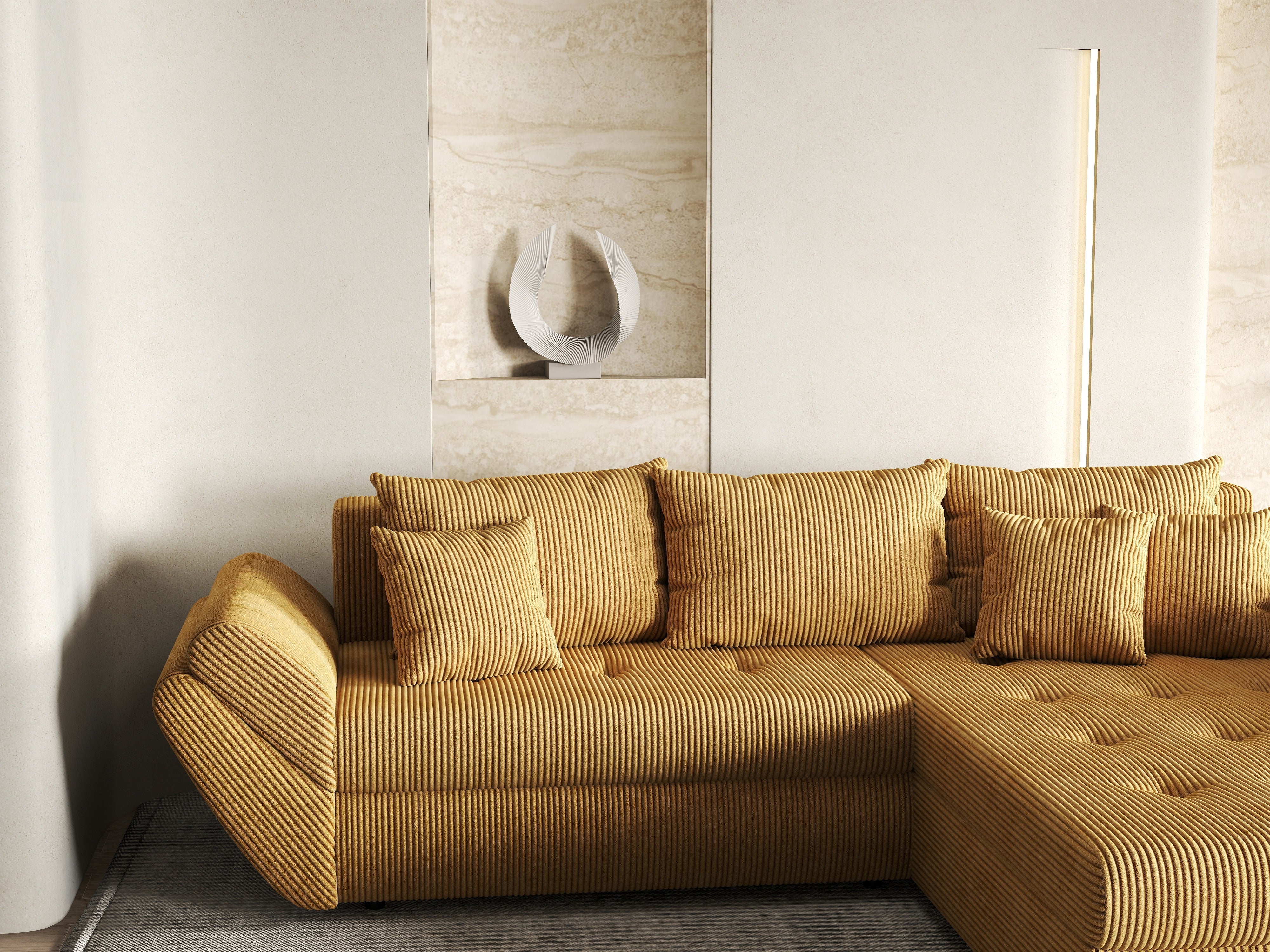 Colțar extensibil dumonde cu ladă de depozitare si sezut confortabil din spuma HR, Loana Zoom Mustar II 270x185 cm Fabrica