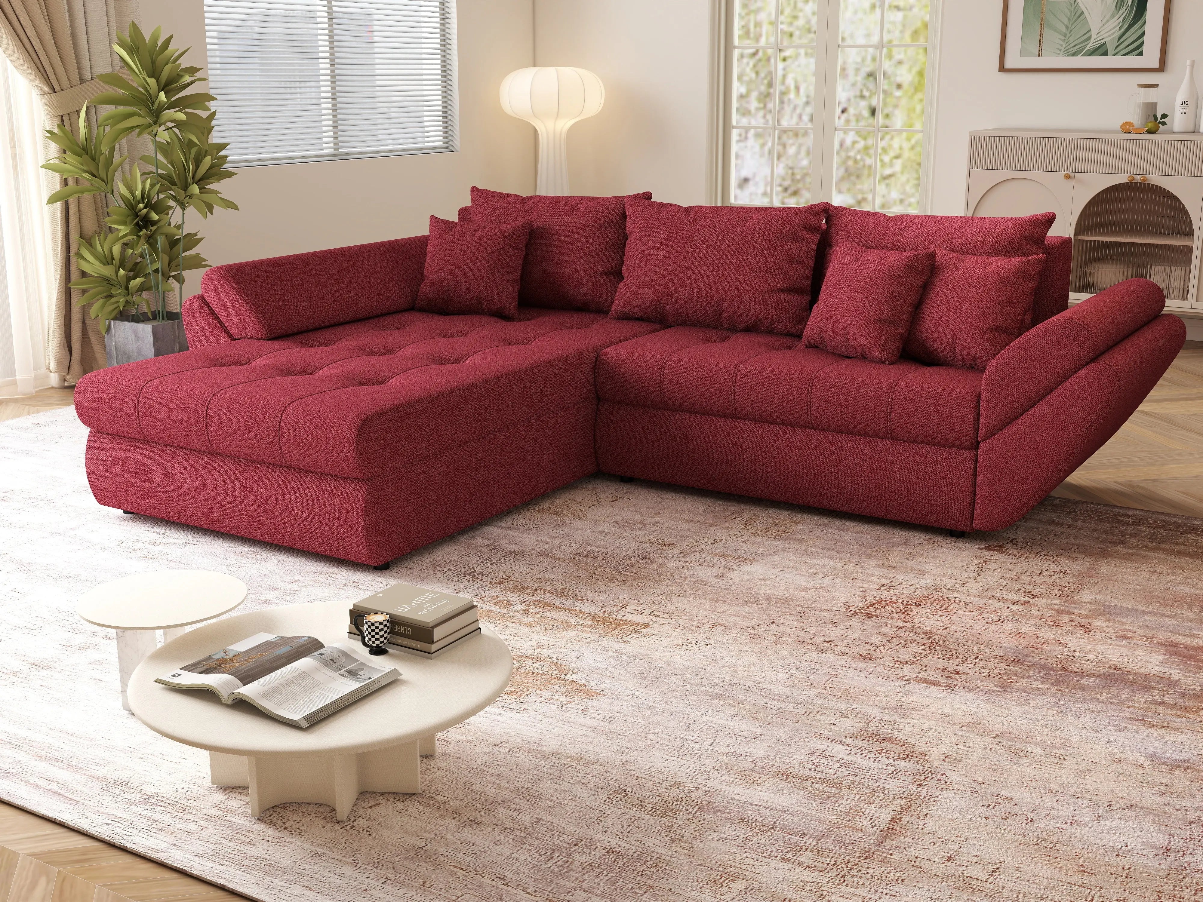 Colțar extensibil dumonde cu ladă de depozitare si sezut confortabil din spuma HR, Loana Bordoux 270x185 cm Fabrica