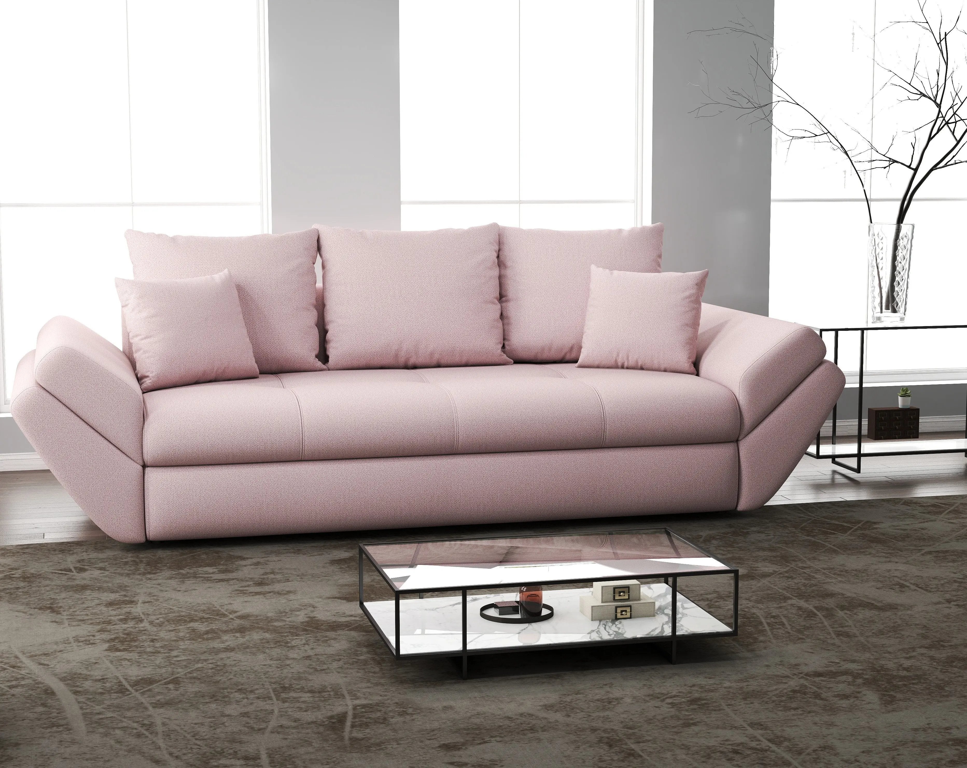 Canapea extensibilă dumonde cu ladă de depozitare si sezut confortabil din spuma HR, Loana Enjoy Flamingo 250x100 cm Fabrica