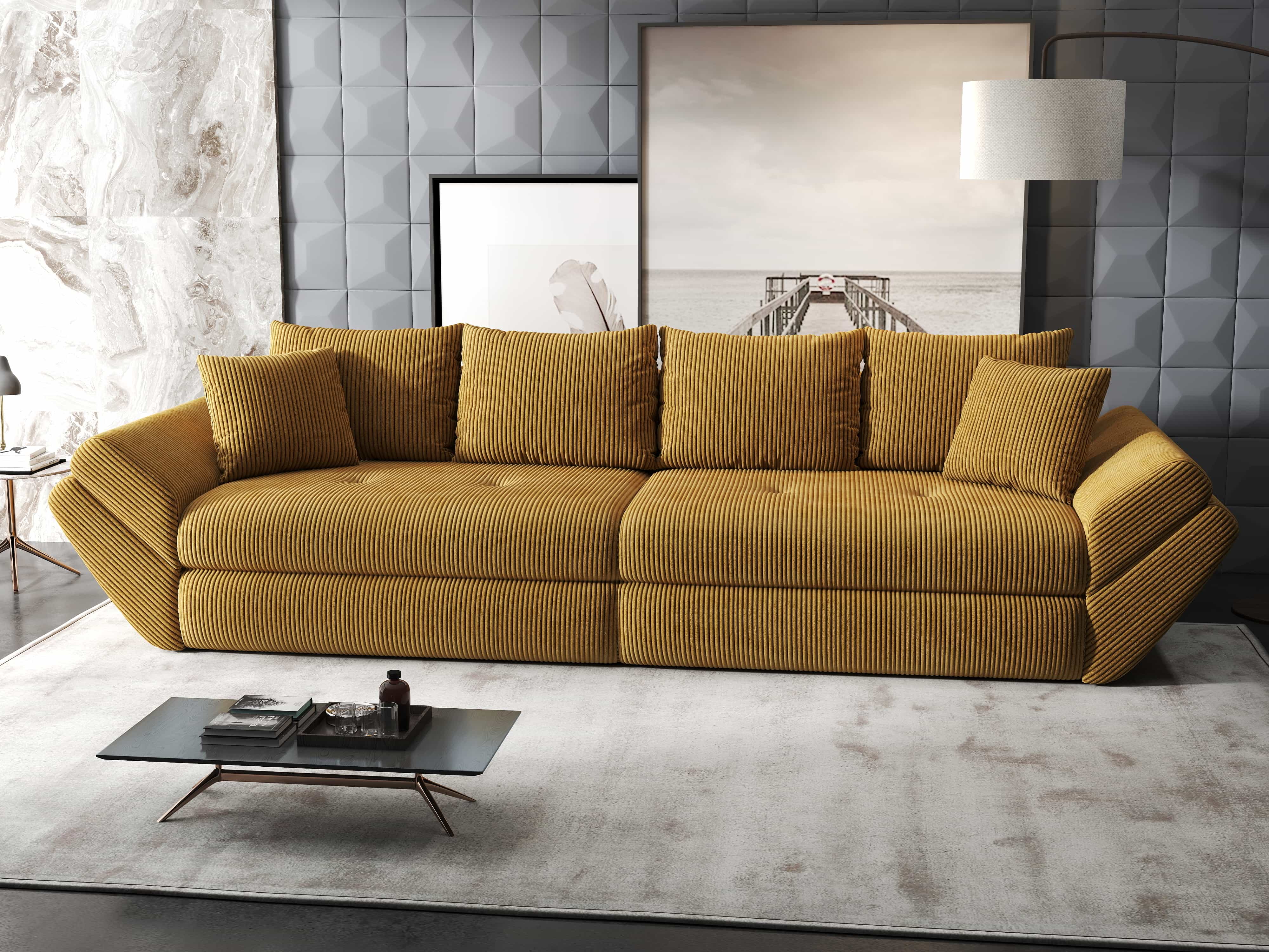 Canapea extensibilă dumonde cu ladă de depozitare si sezut confortabil din spuma HR, Loana Zoom Mustar 300x100 cm Fabrica