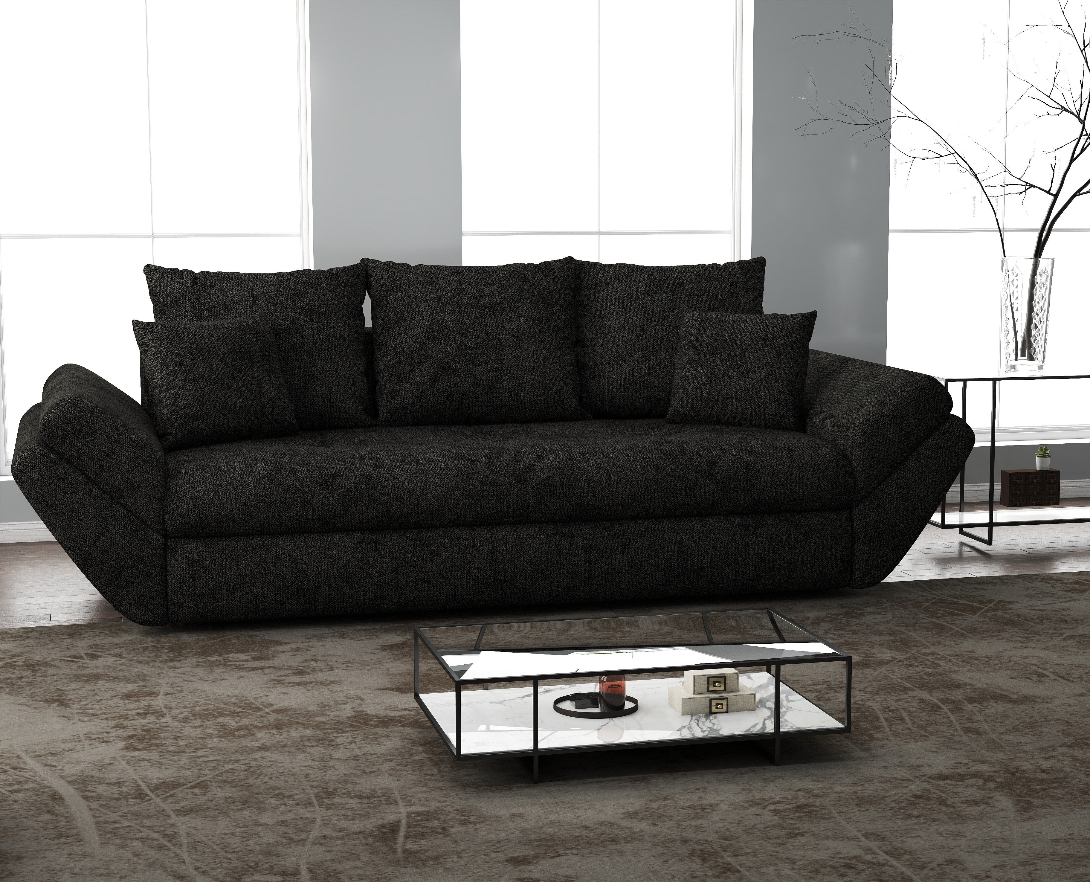 Canapea extensibilă dumonde cu ladă de depozitare si sezut confortabil din spuma HR, Loana Enjoy Black 250x100 cm Fabrica
