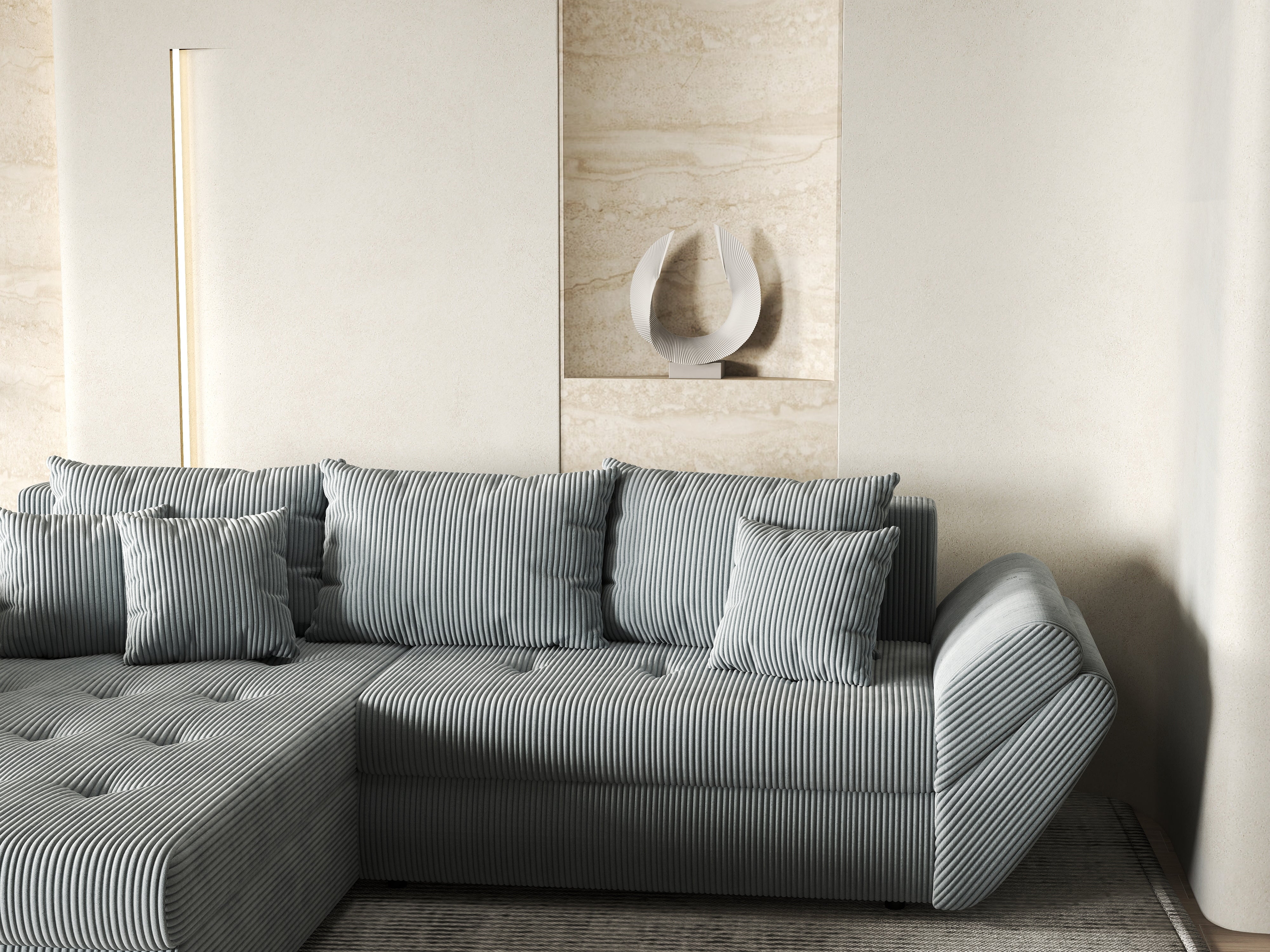 Colțar extensibil dumonde cu ladă de depozitare si sezut confortabil din spuma HR, Loana Zoom Grey 270x185 cm Fabrica