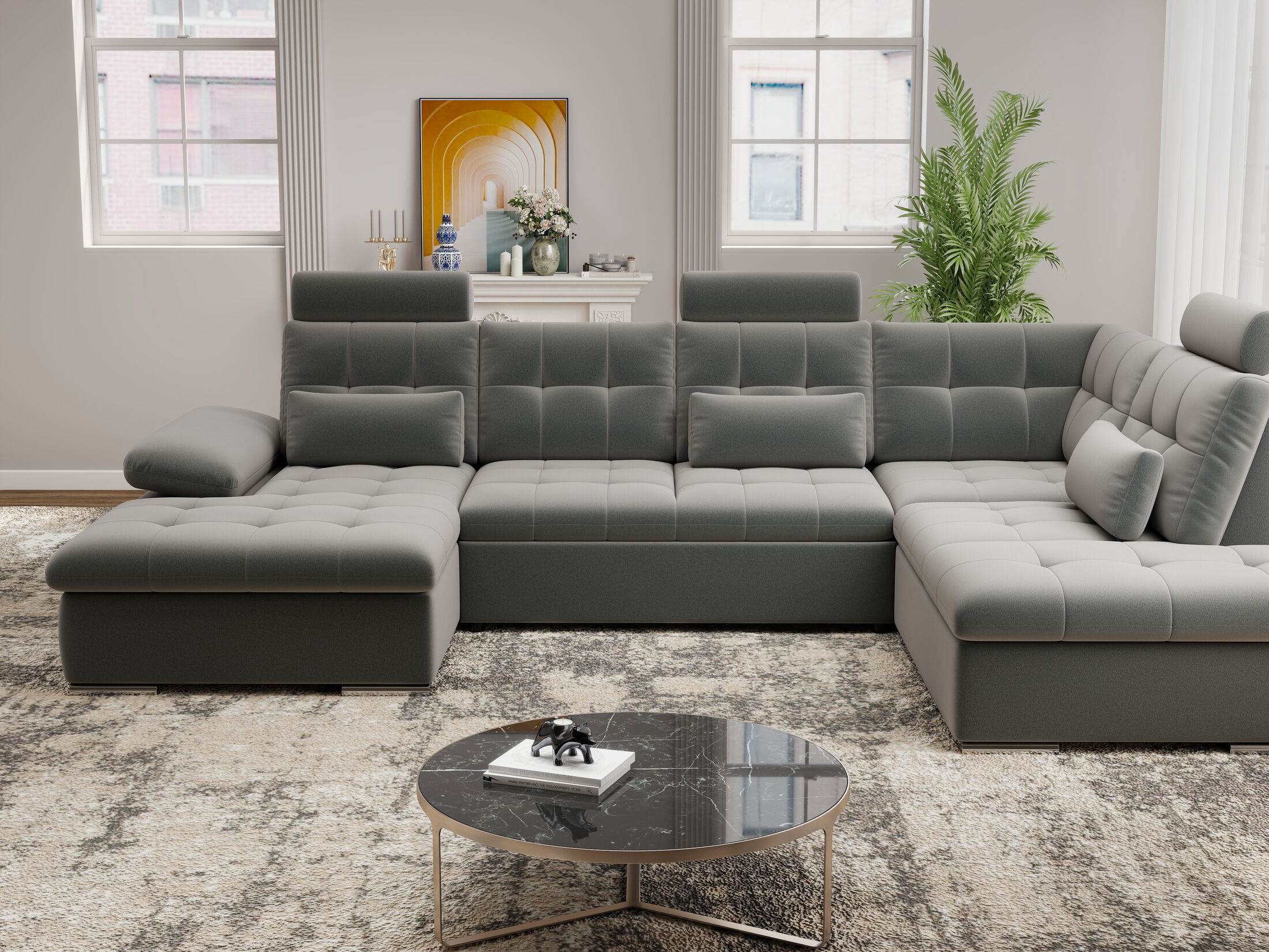 Colțar extensibil dumonde cu ladă de depozitare și șezut confortabil din spumă HR, Merkur U Royal Antracit 324x218 cm