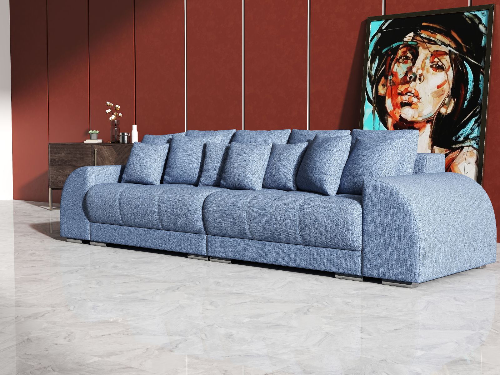 Canapea extensibilă dumonde cu 2 lăzi de depozitare si sezut confortabil din spuma HR, Big Sofa Verona Enjoy Lux Blue 310x100 cm Fabrica
