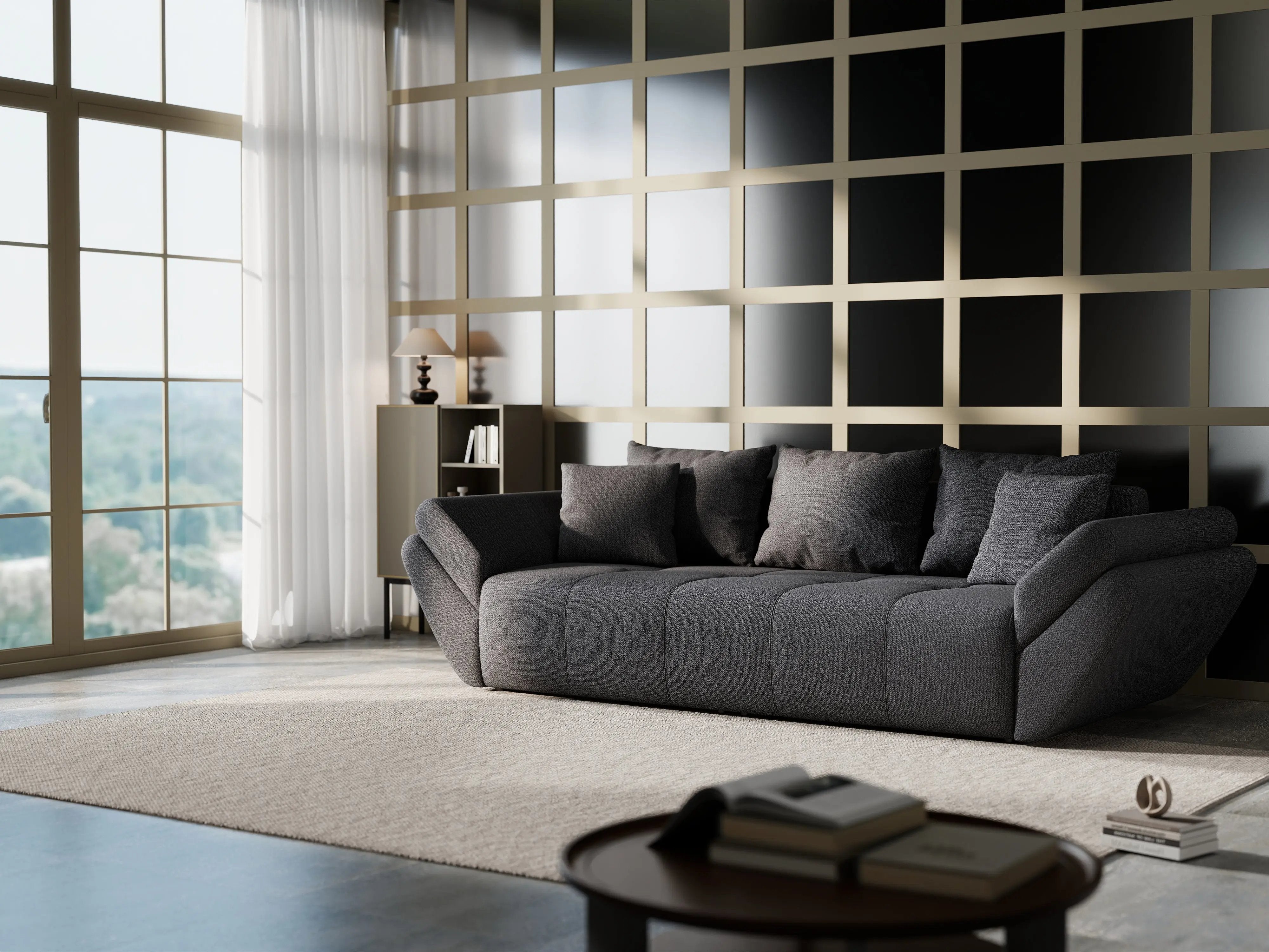 Canapea extensibilă dumonde cu ladă de depozitare si sezut confortabil din spuma HR, Berlin Enjoy Graphite 250x100 cm Fabrica