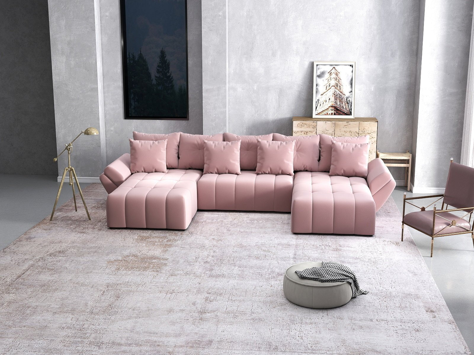 Colțar extensibil dumonde cu ladă de depozitare si sezut confortabil din spuma HR, Berlin U Royal Roz 380x180 cm Fabrica