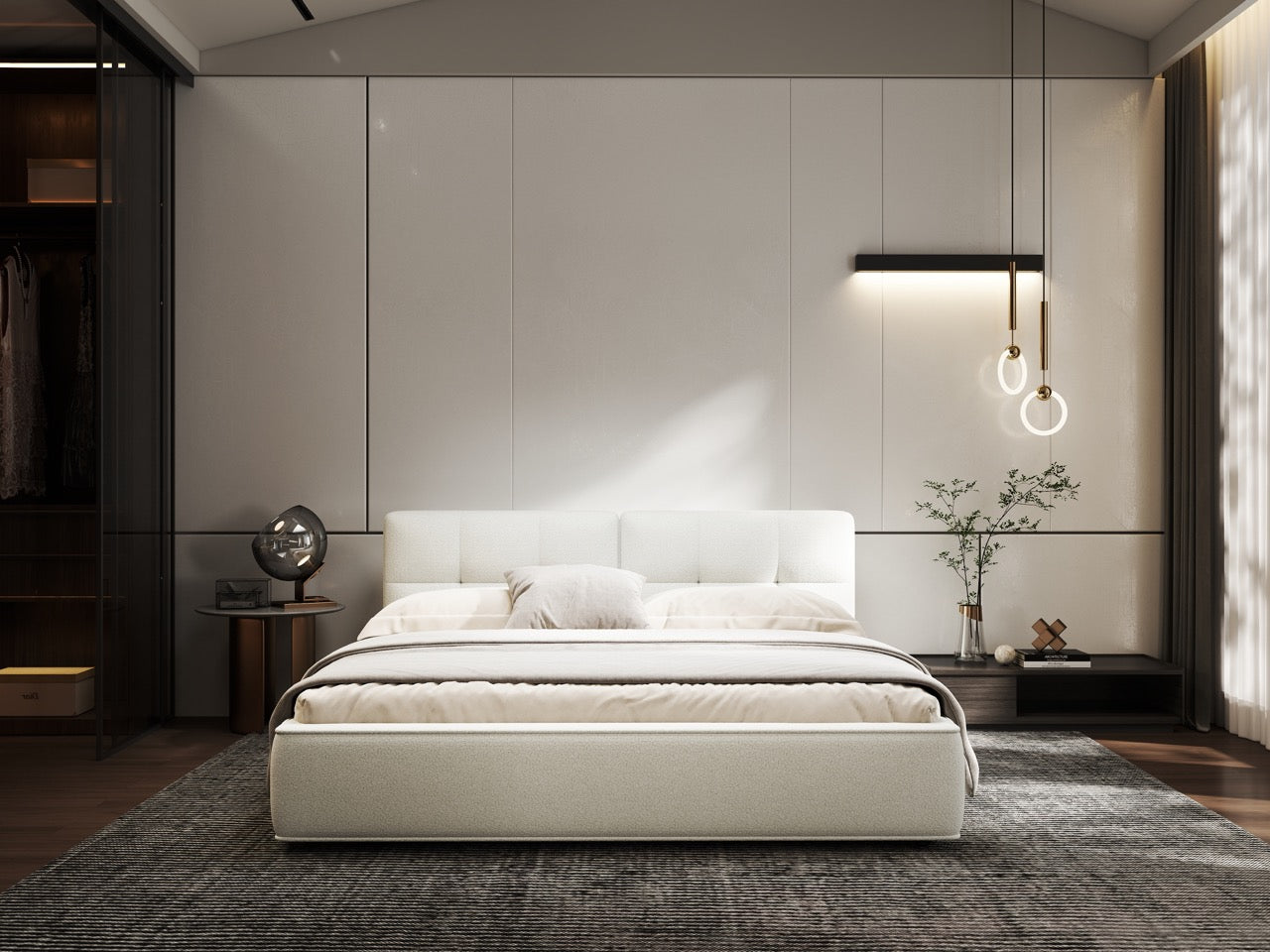 Pat dormitor dumonde, tapitat alb, Madrid 160x200 cm, somiera rabatabila inclusa, spatiu depozitare WLS