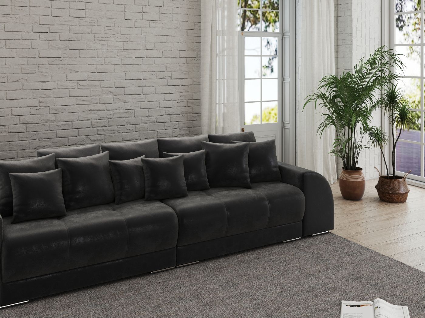 Canapea extensibilă dumonde cu 2 lăzi de depozitare si sezut confortabil din spuma HR, Verona Madagaskar Black 310x100 cm Fabrica
