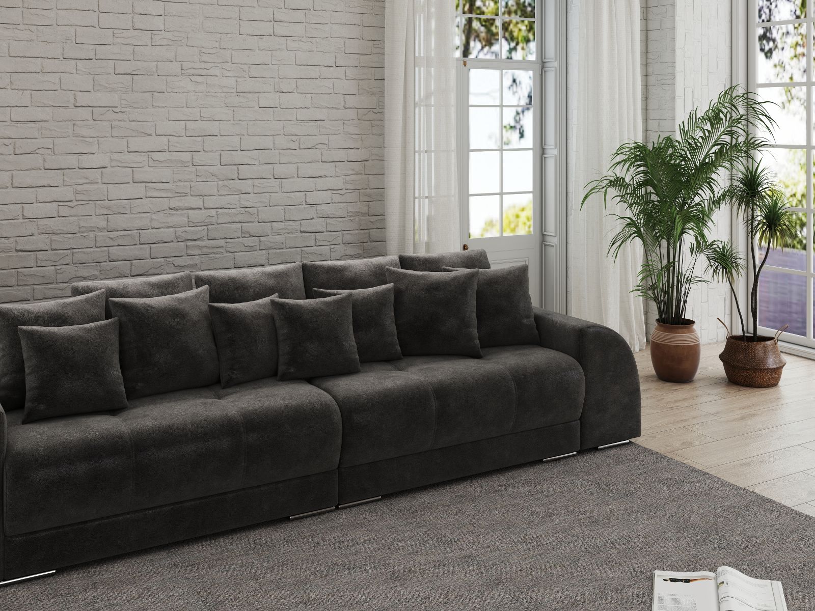 Canapea extensibilă dumonde cu 2 lăzi de depozitare si sezut confortabil din spuma HR, Verona Madagaskar Black 310x100 cm Fabrica