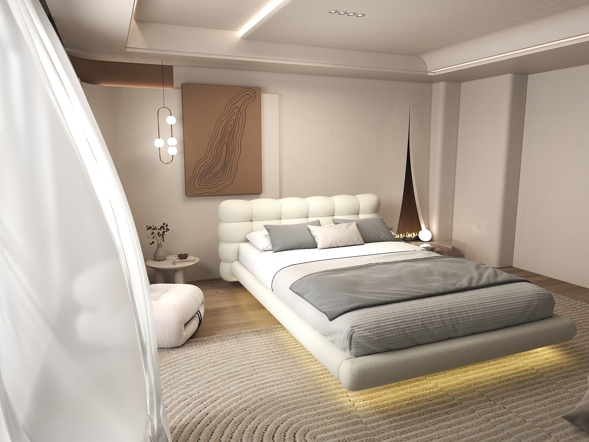 Pat dormitor dumonde, tapitat alb cu LED, "floating bed" Cloud 160x200 cm, somiera inclusa