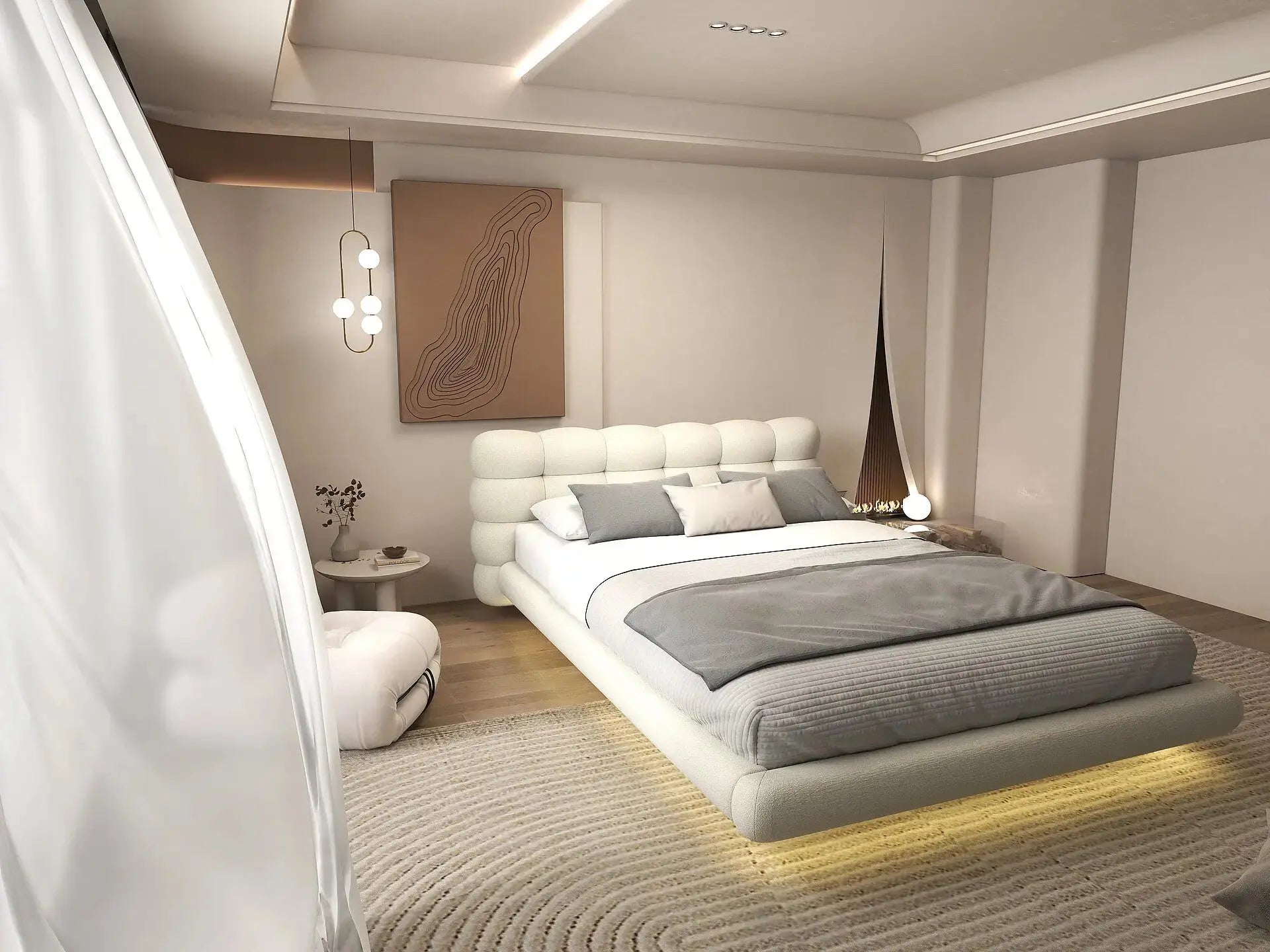 Pat dormitor dumonde, tapitat gri cu LED, "floating bed" Cloud 180x200 cm, somiera inclusa WLS