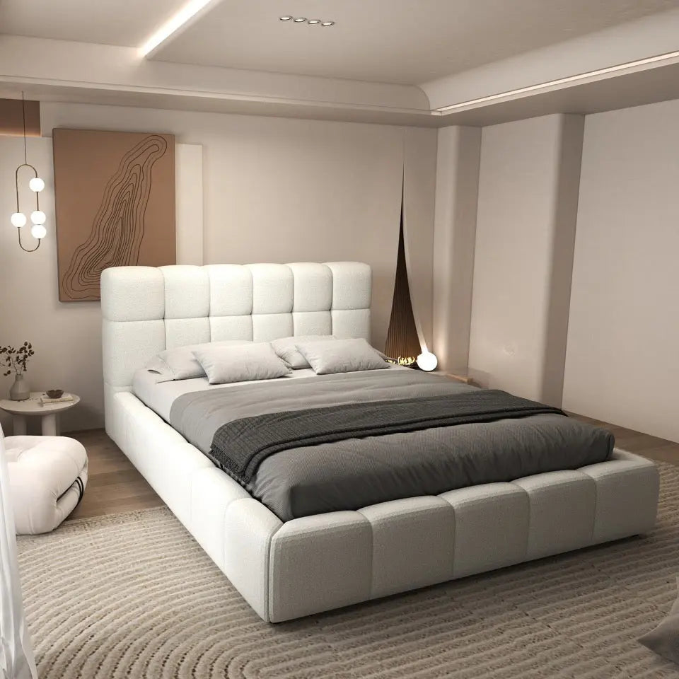 Pat dormitor dumonde, tapitat alb, Lorenzo 160x200 cm, somiera rabatabila inclusa, spatiu depozitare WLS