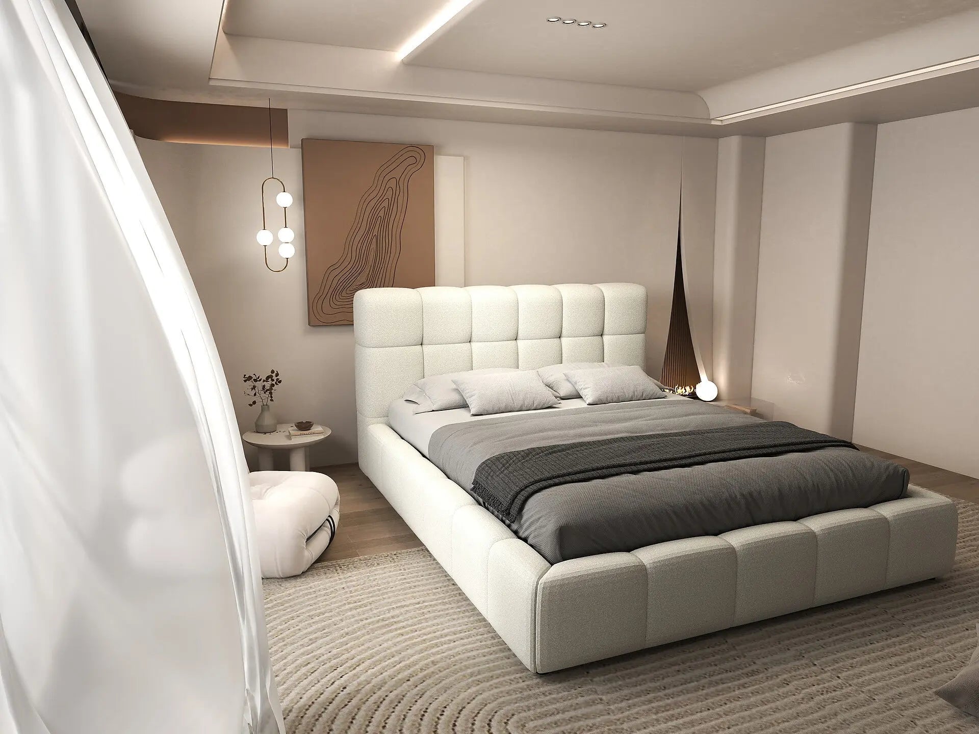 Pat dormitor dumonde, tapitat Alb, Lorenzo 160x200 cm, somiera rabatabila inclusa, spatiu depozitare WLS