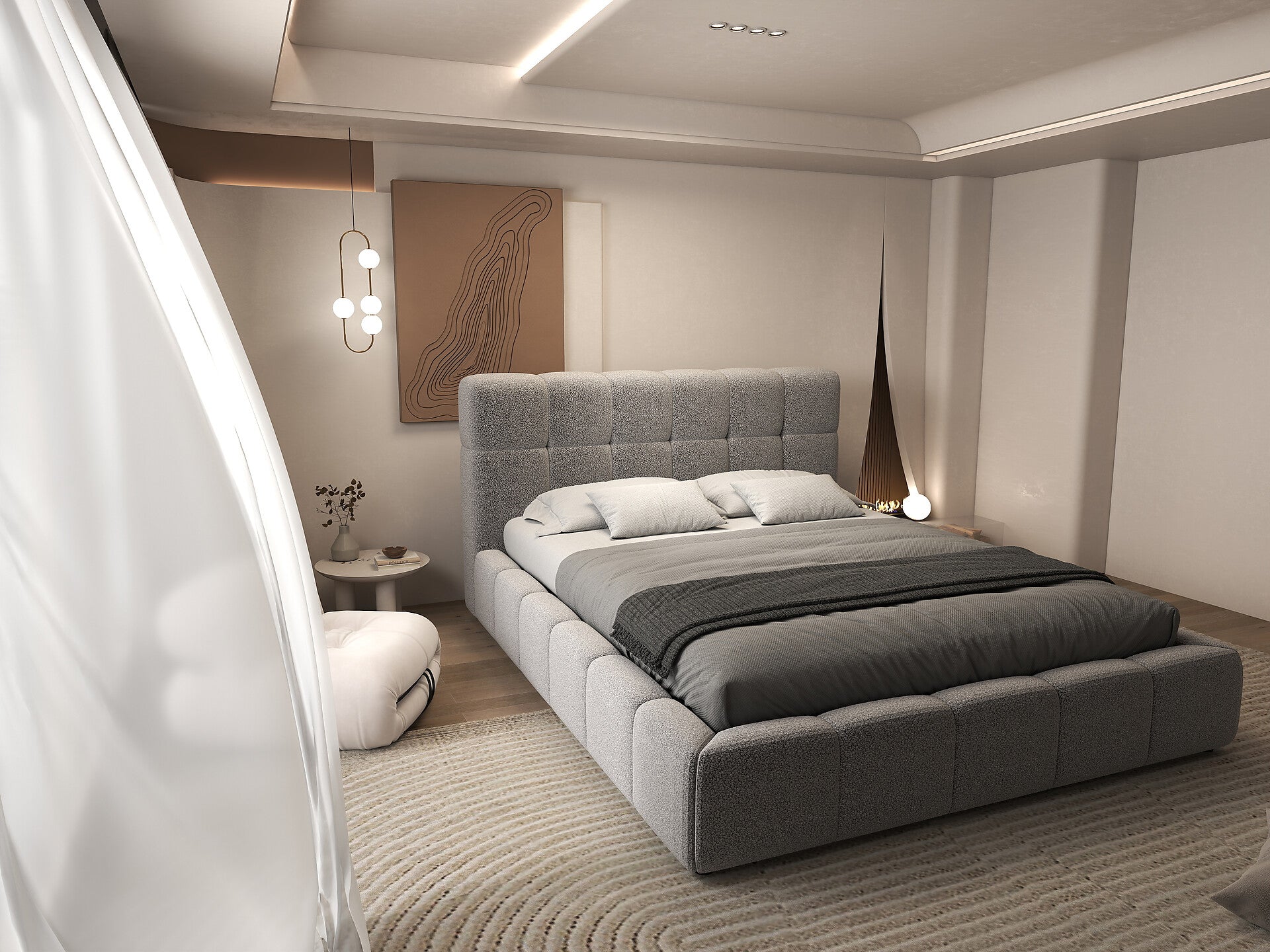 Pat dormitor dumonde, tapitat alb, Lorenzo 160x200 cm, somiera rabatabila inclusa, spatiu depozitare