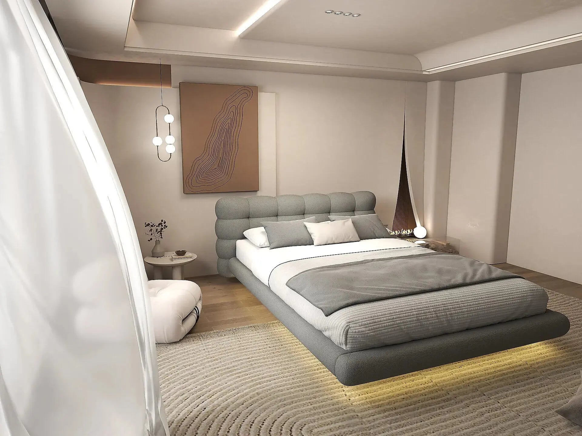 Pat dormitor dumonde, tapitat gri cu LED, "floating bed" Cloud 160x200 cm, somiera inclusa WLS