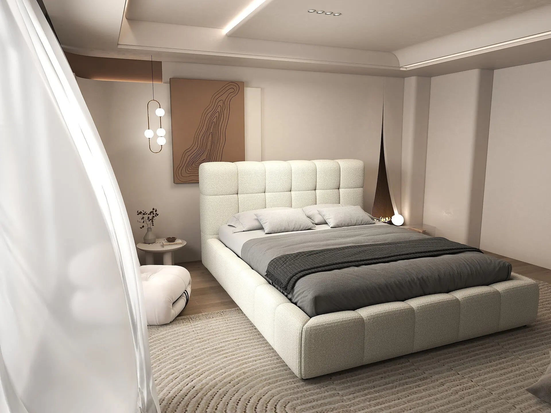 Pat dormitor dumonde, tapitat bej, Lorenzo 160x200 cm, somiera rabatabila inclusa, spatiu depozitare WLS