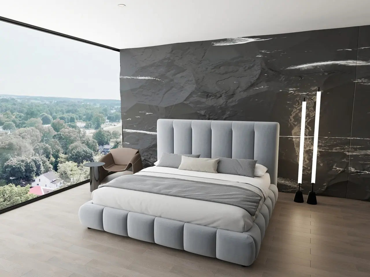 Pat dormitor dumonde, tapitat gri, Divaneo 140x200 cm, somiera rabatabila inclusa, spatiu depozitare WLS