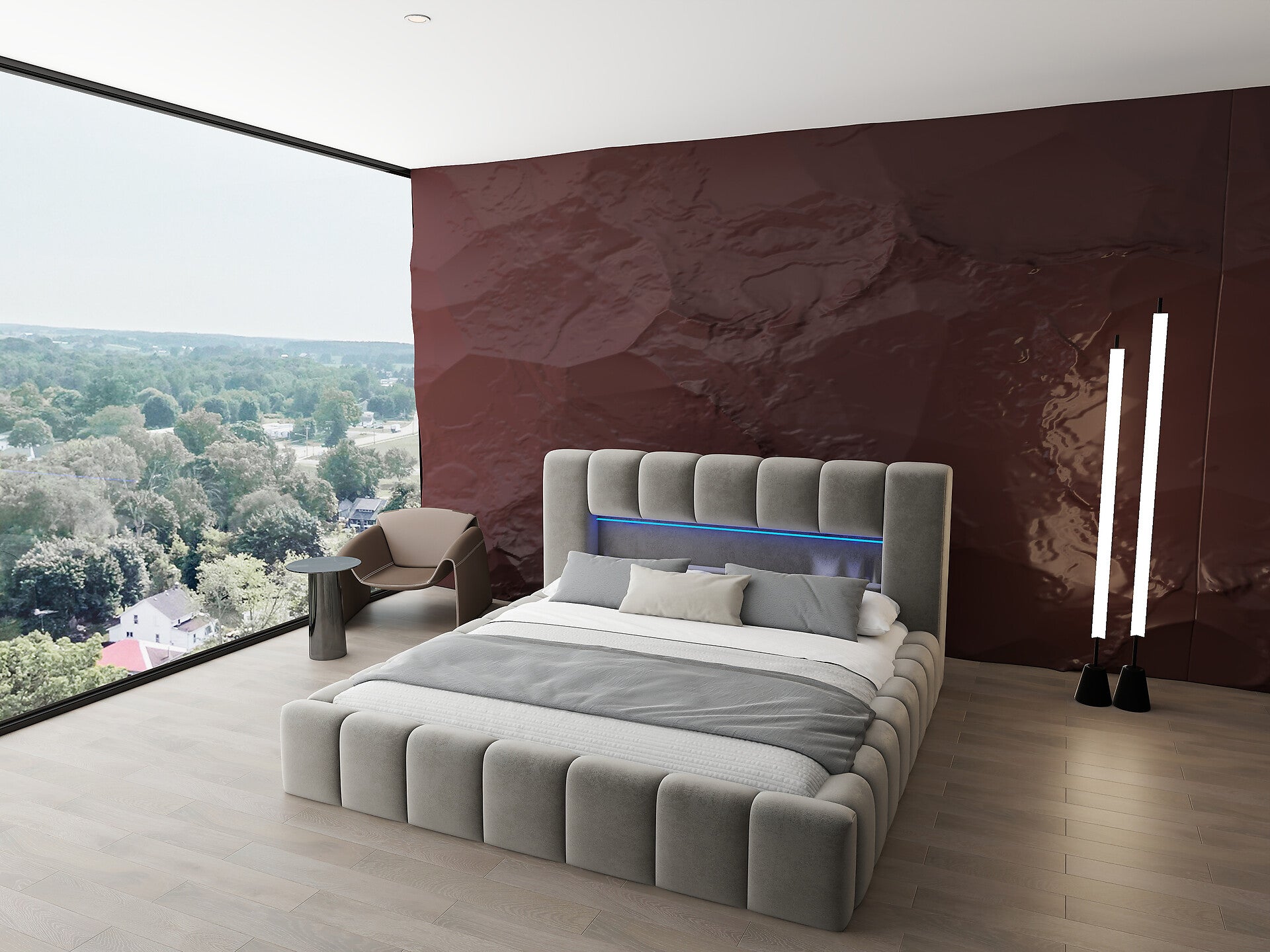 Pat dormitor dumonde, tapitat bej cu LED si USB, Palermo 180x200 cm, somiera rabatabila inclusa, spatiu depozitare