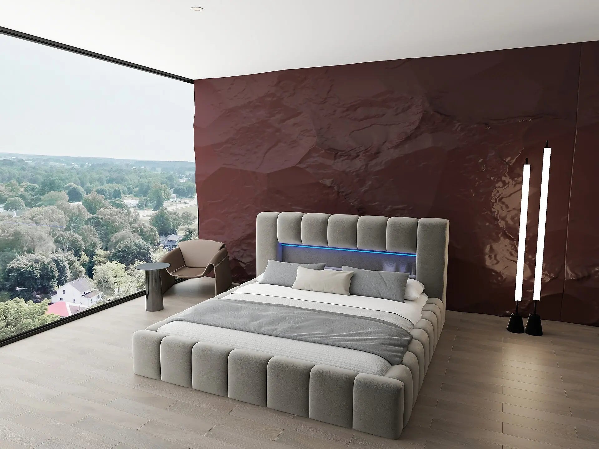 Pat dormitor dumonde, tapitat bej cu LED si USB, Palermo 180x200 cm, somiera rabatabila inclusa, spatiu depozitare WLS