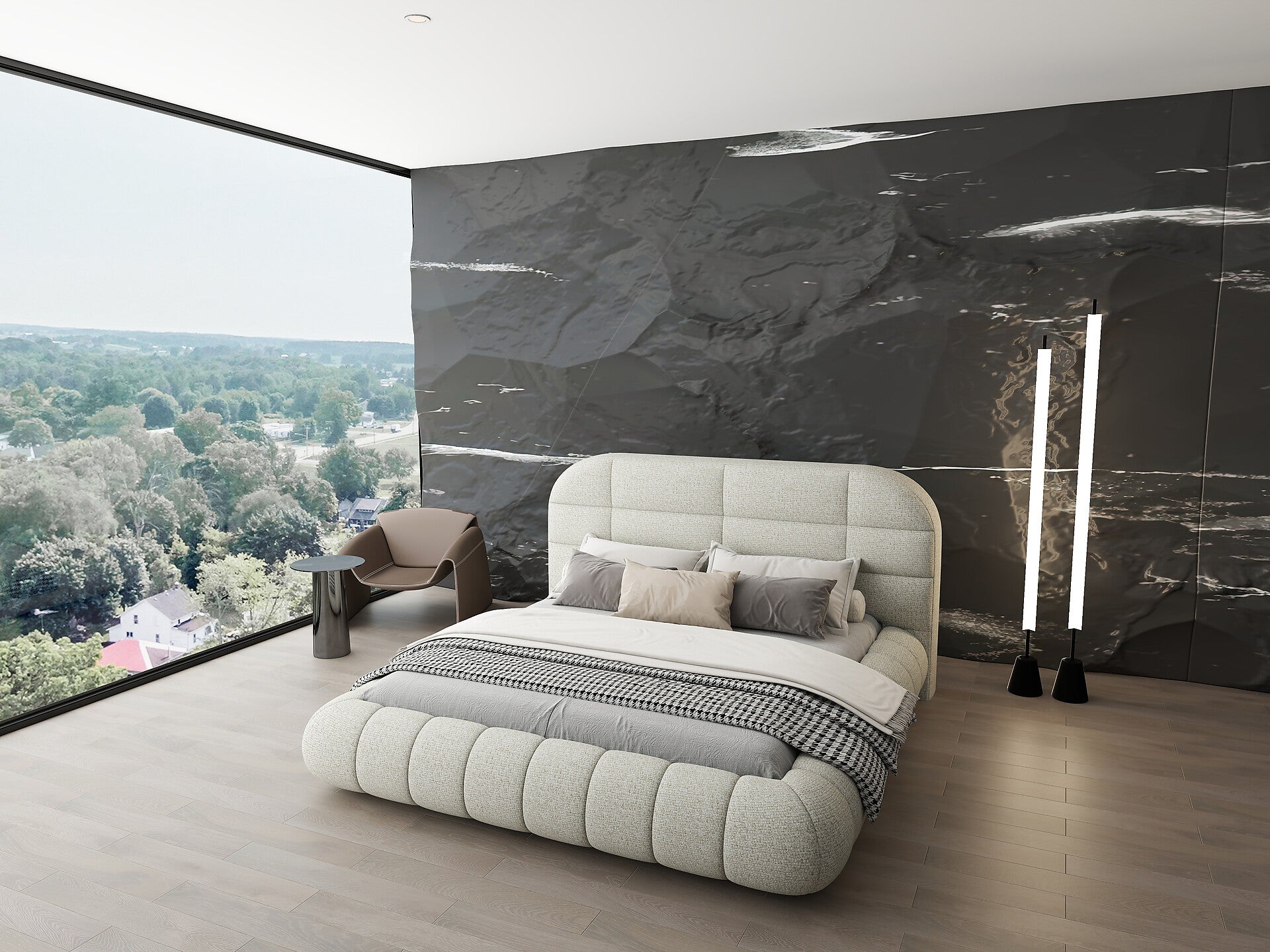 Pat dormitor dumonde, tapitat bej, Senso 180x200 cm, somiera rabatabila inclusa, spatiu depozitare