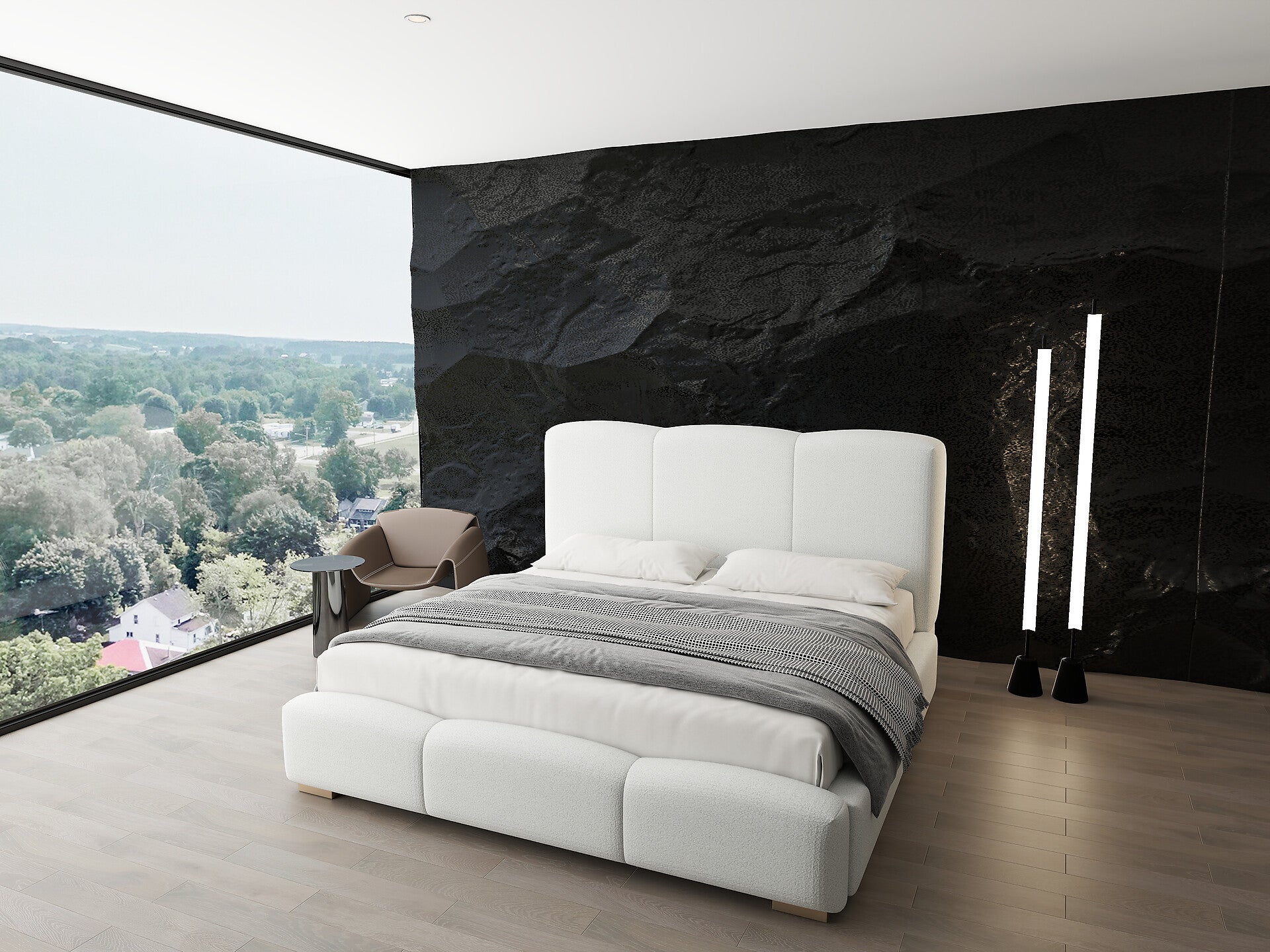 Pat dormitor dumonde, tapitat alb, Havana 140x200 cm, somiera rabatabila inclusa, spatiu depozitare