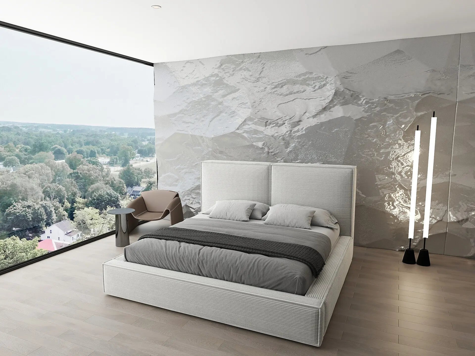 Pat dormitor dumonde, tapitat bej, Dreamer 160x200 cm, somiera rabatabila inclusa, spatiu depozitare WLS