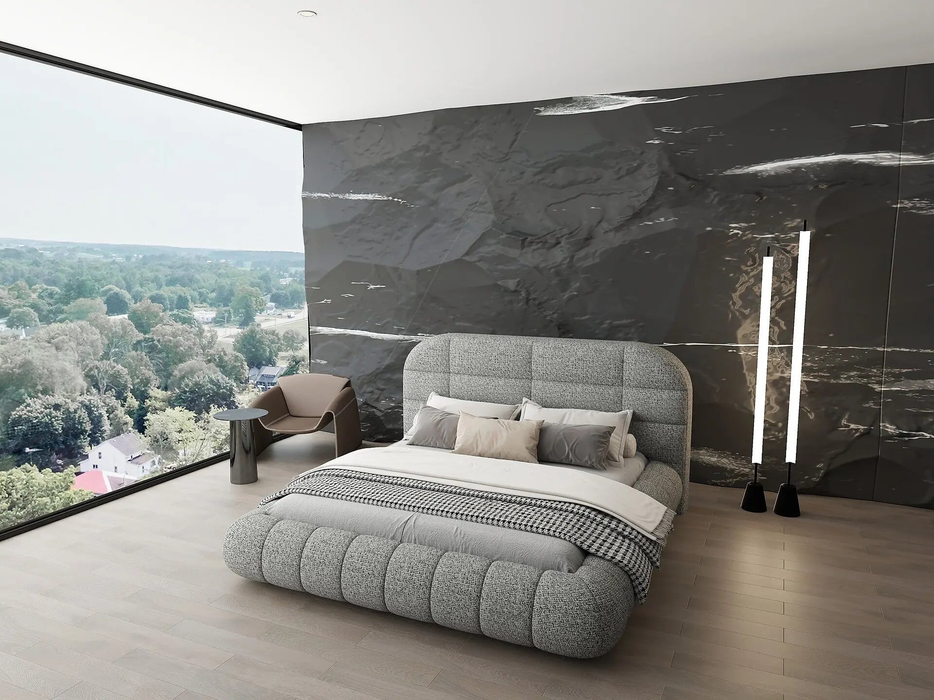 Pat dormitor dumonde, tapitat gri, Senso 180x200 cm, somiera rabatabila inclusa, spatiu depozitare WLS