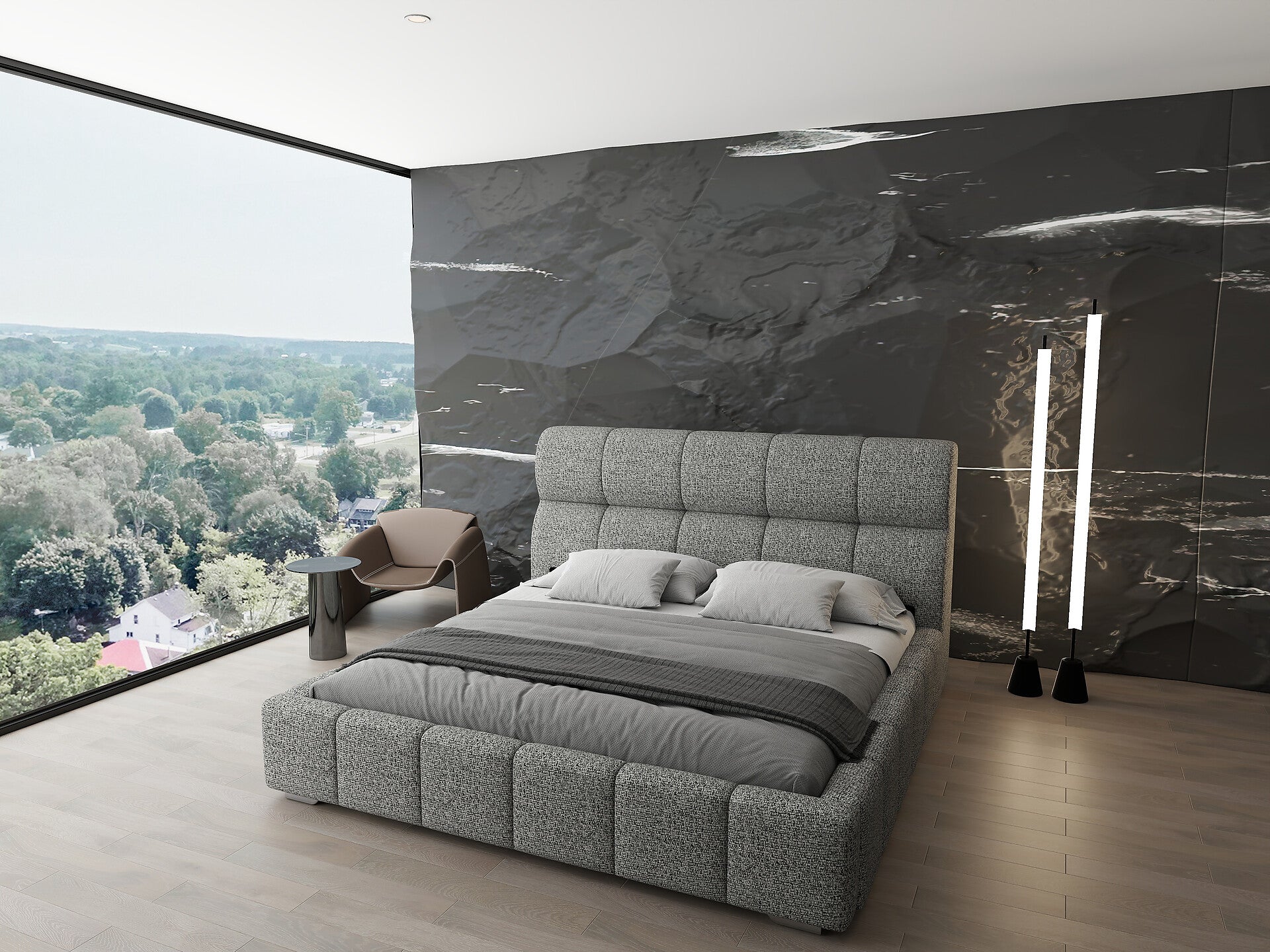 Pat dormitor dumonde, tapitat bej, Prestige 180x200 cm, somiera rabatabila inclusa, spatiu depozitare