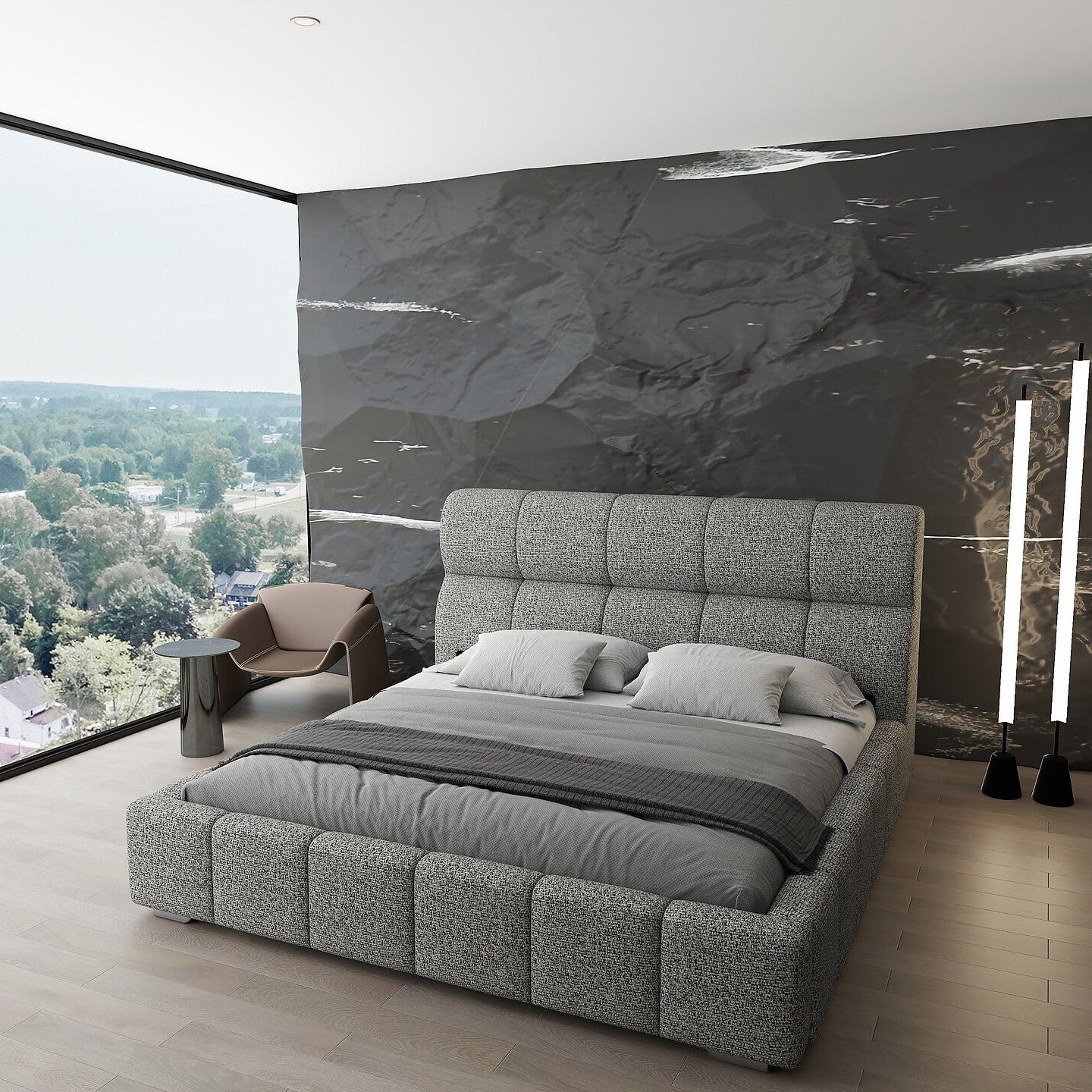 Pat dormitor dumonde, tapitat bej, Prestige 180x200 cm, somiera rabatabila inclusa, spatiu depozitare