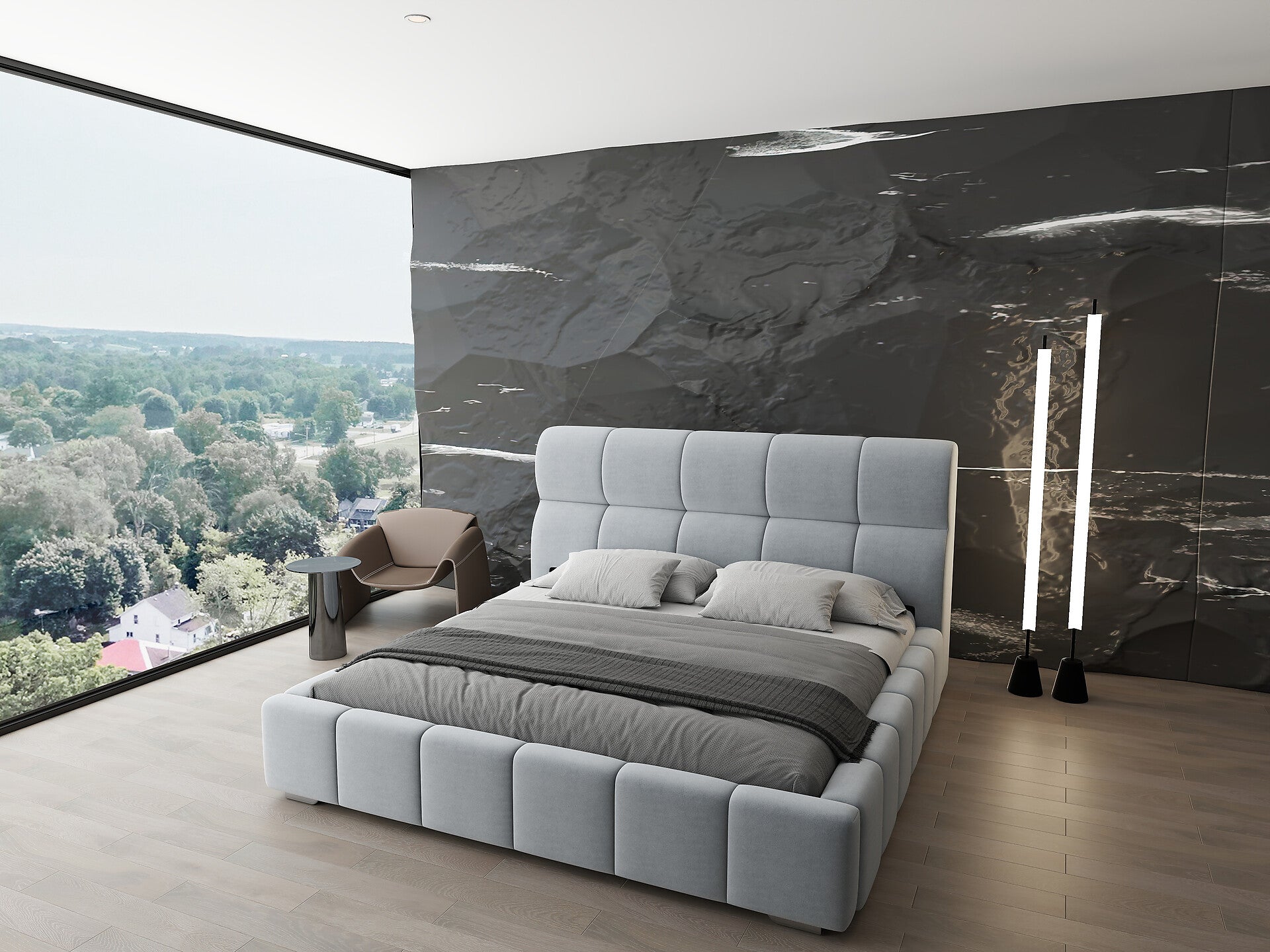 Pat dormitor dumonde, tapitat gri, Prestige 160x200 cm, somiera rabatabila inclusa, spatiu depozitare