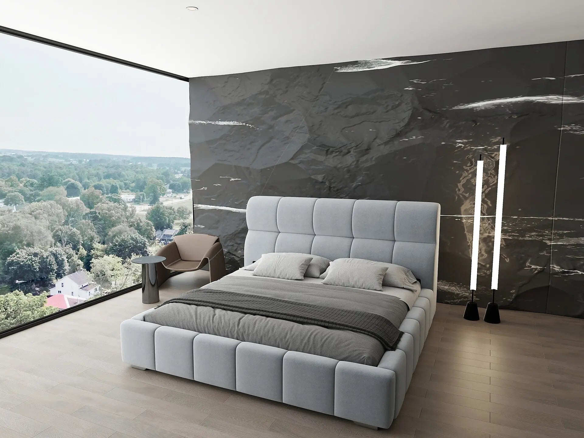 Pat dormitor dumonde, tapitat gri, Prestige 160x200 cm, somiera rabatabila inclusa, spatiu depozitare WLS