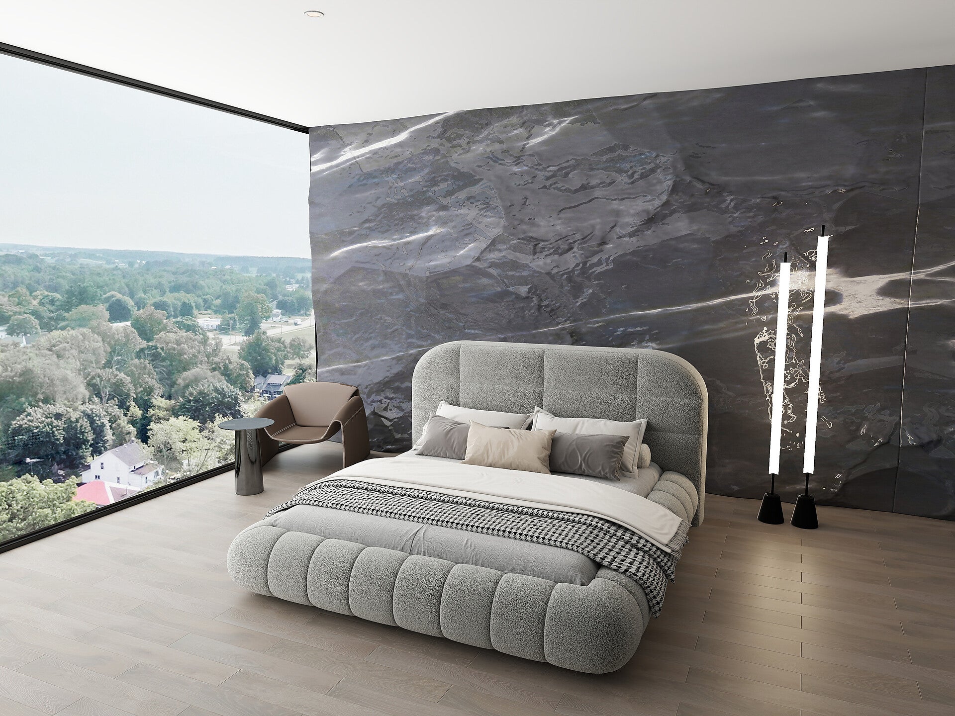 Pat dormitor dumonde, tapitat gri, Senso 160x200 cm, somiera rabatabila inclusa, spatiu depozitare