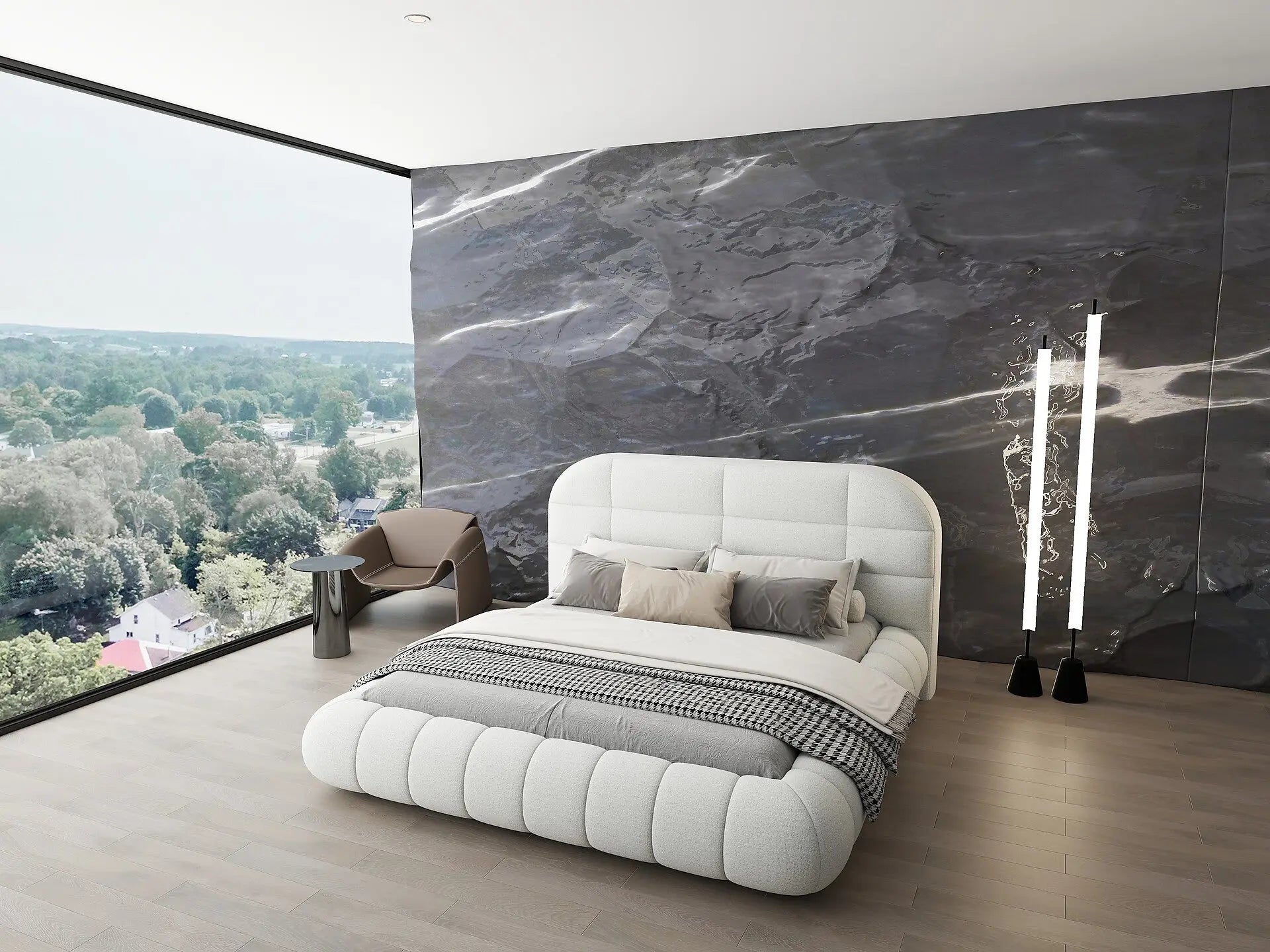 Pat dormitor dumonde, tapitat alb, Senso 160x200 cm, somiera rabatabila inclusa, spatiu depozitare WLS