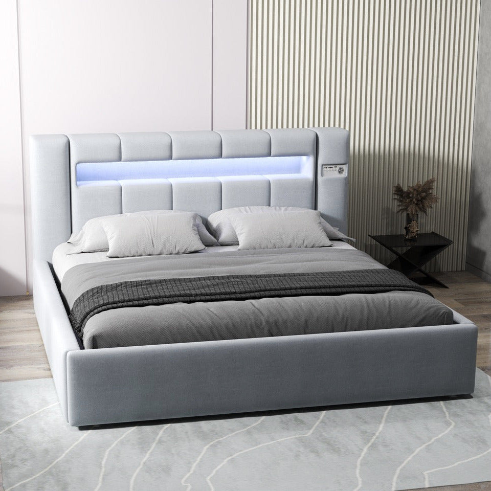 Pat dormitor dumonde, tapitat gri, Glow 180x200 cm, somiera rabatabila inclusa, spatiu depozitare