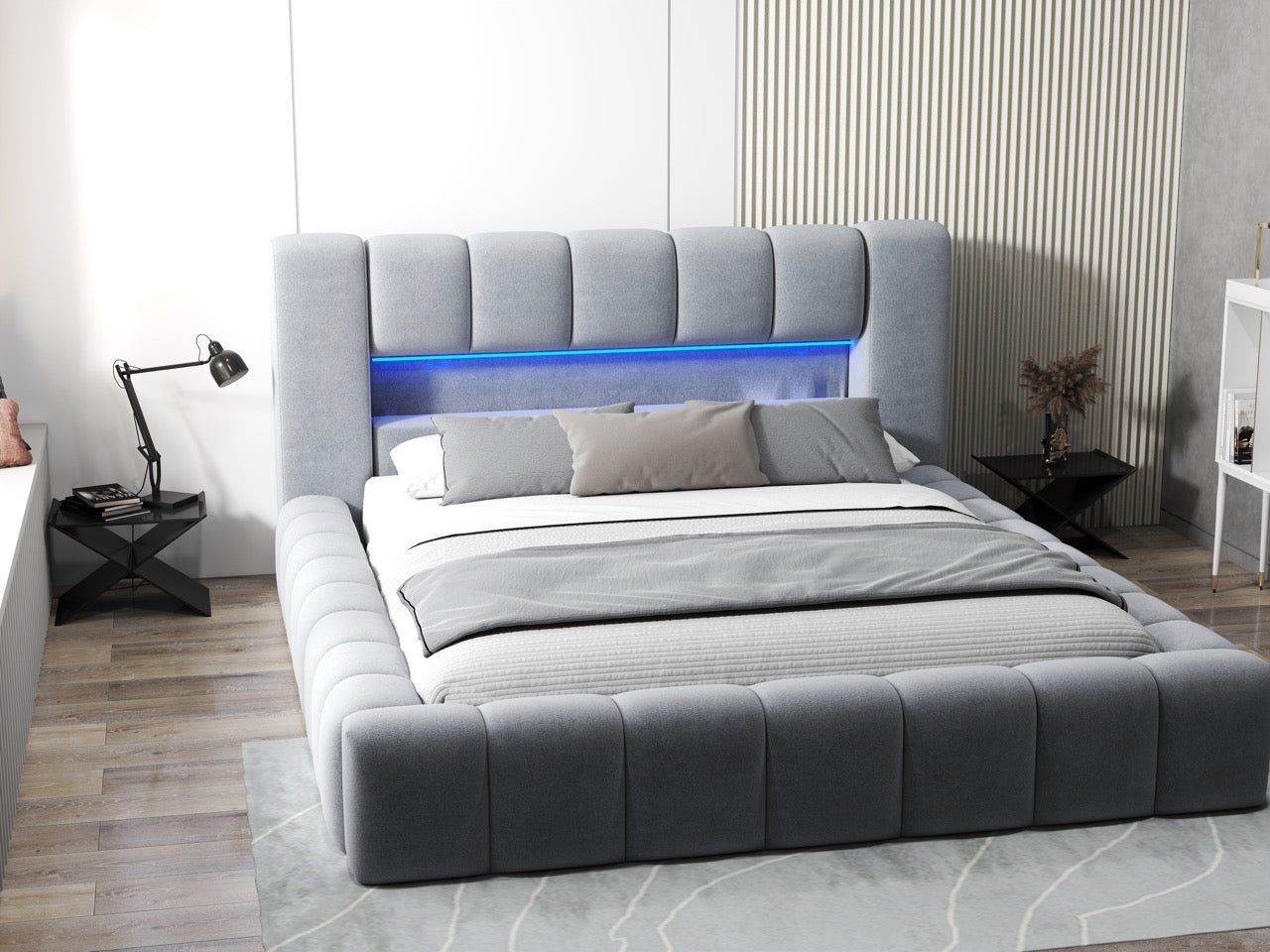 Pat dormitor dumonde, tapitat gri cu LED si USB, Palermo 160x200 cm, somiera rabatabila inclusa, spatiu depozitare WLS