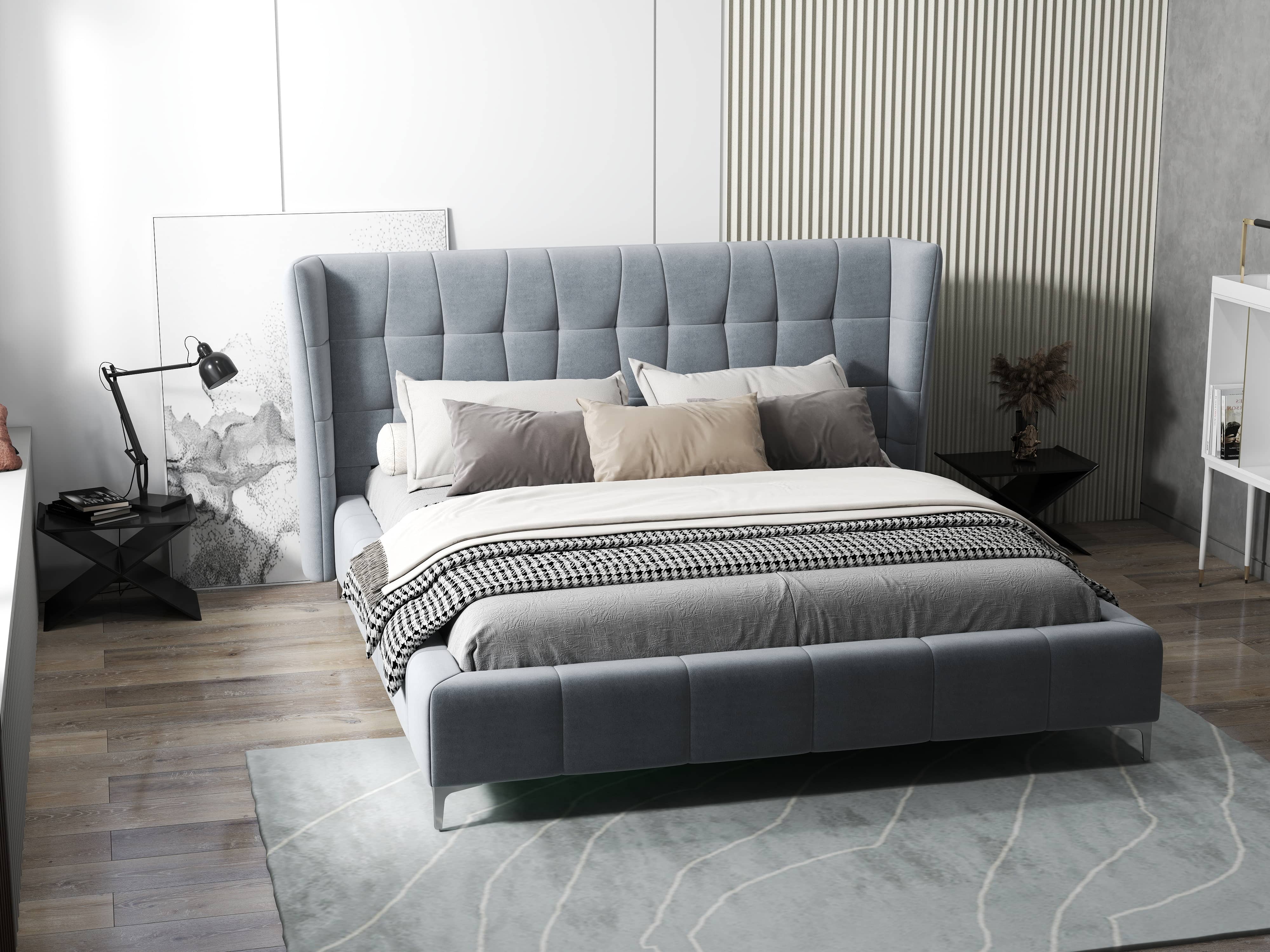Pat dormitor dumonde, tapitat gri, Bellagio 160x200 cm, somiera fixa inclusa WLS