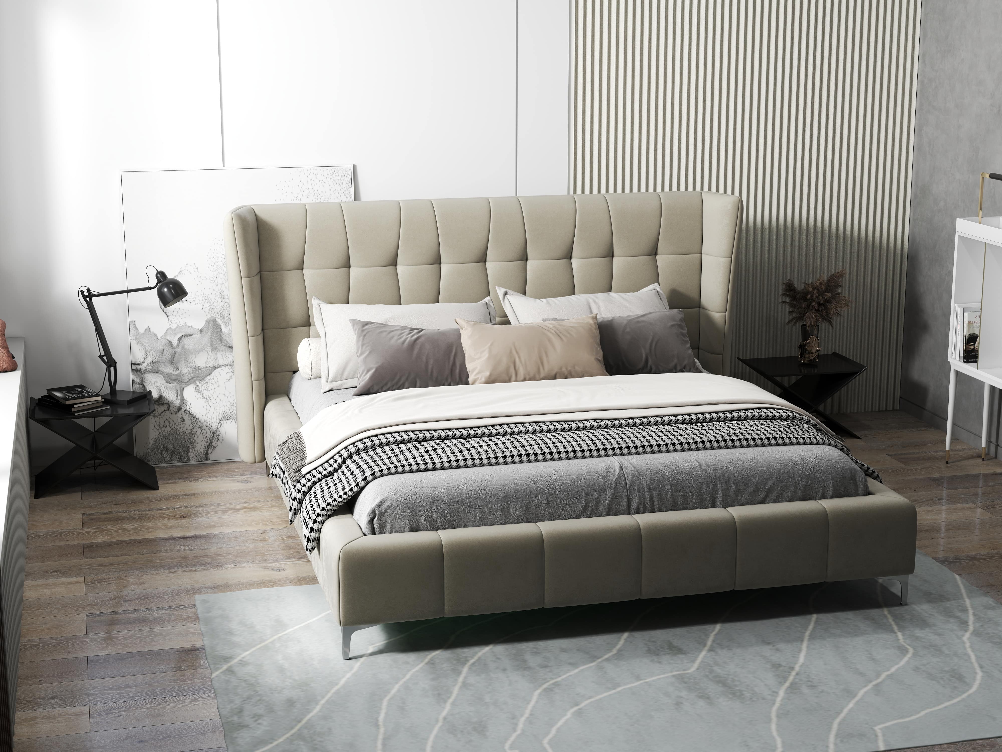 Pat dormitor dumonde, tapitat bej, Bellagio 180x200 cm, somiera fixa inclusa WLS