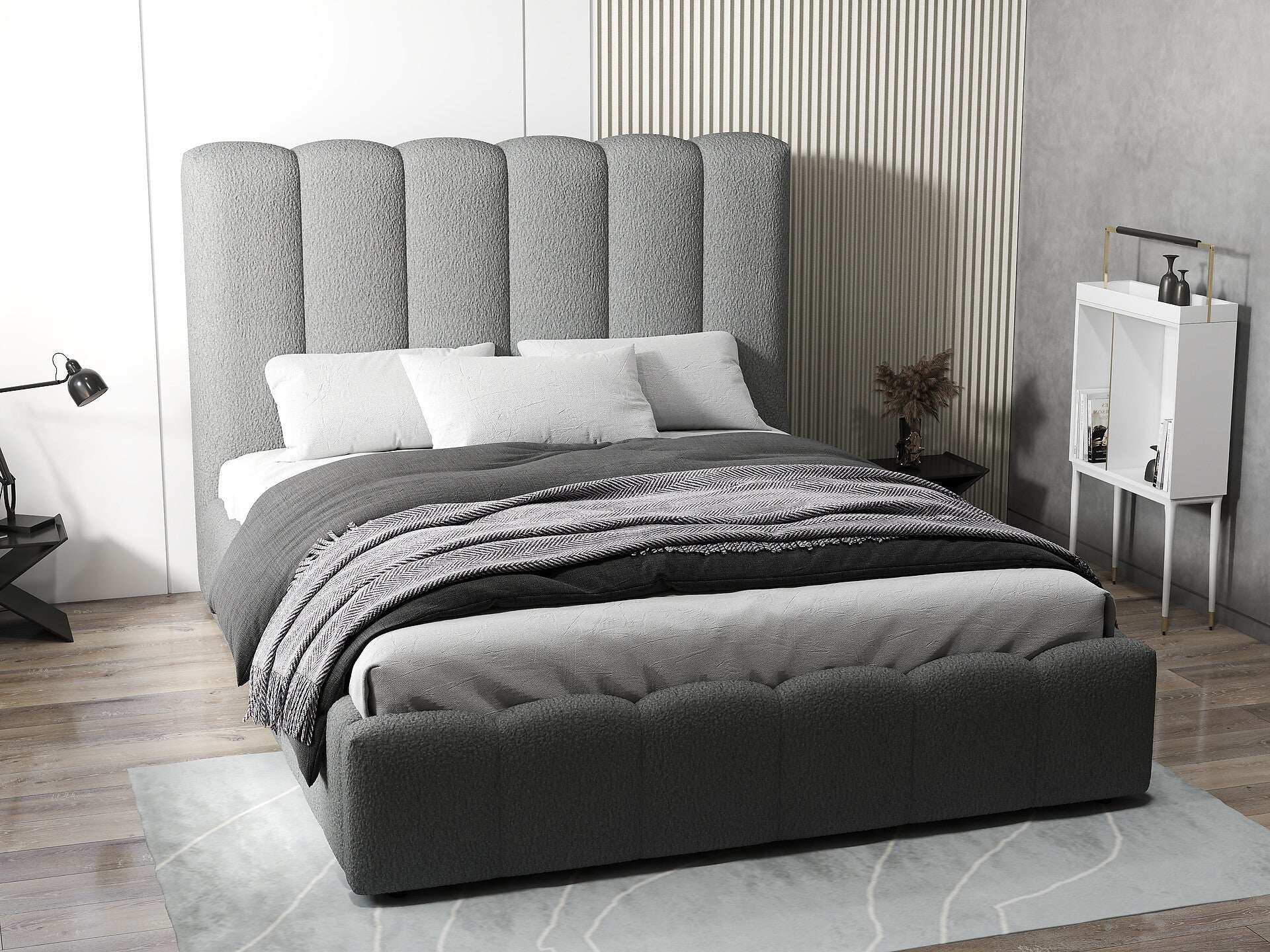Pat dormitor dumonde, tapitat gri, Milano 180x200 cm, somiera rabatabila inclusa, spatiu depozitare