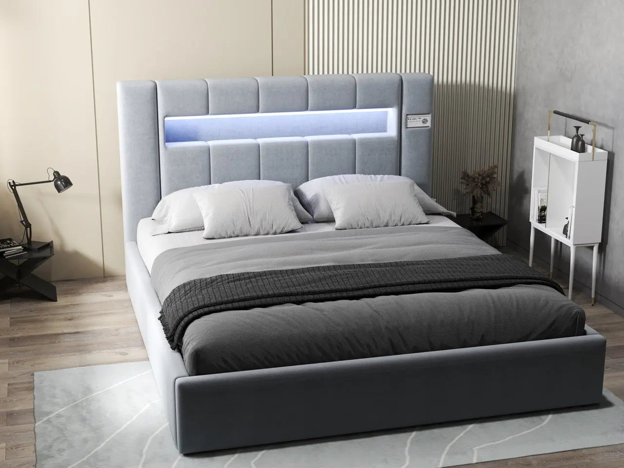 Pat dormitor dumonde, tapitat gri, Glow 180x200 cm, somiera rabatabila inclusa, spatiu depozitare WLS