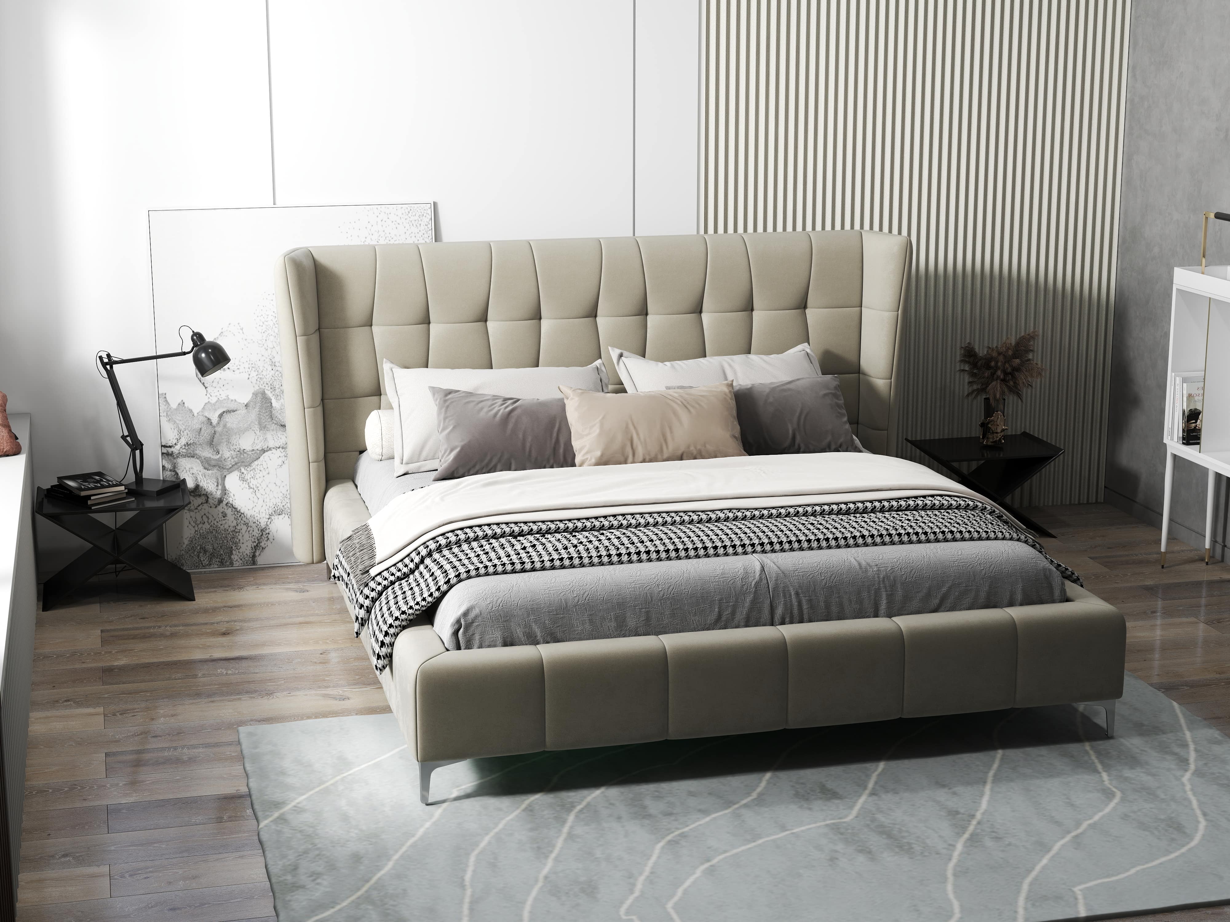 Pat dormitor dumonde, tapitat bej, Bellagio 160x200 cm, somiera fixa inclusa WLS