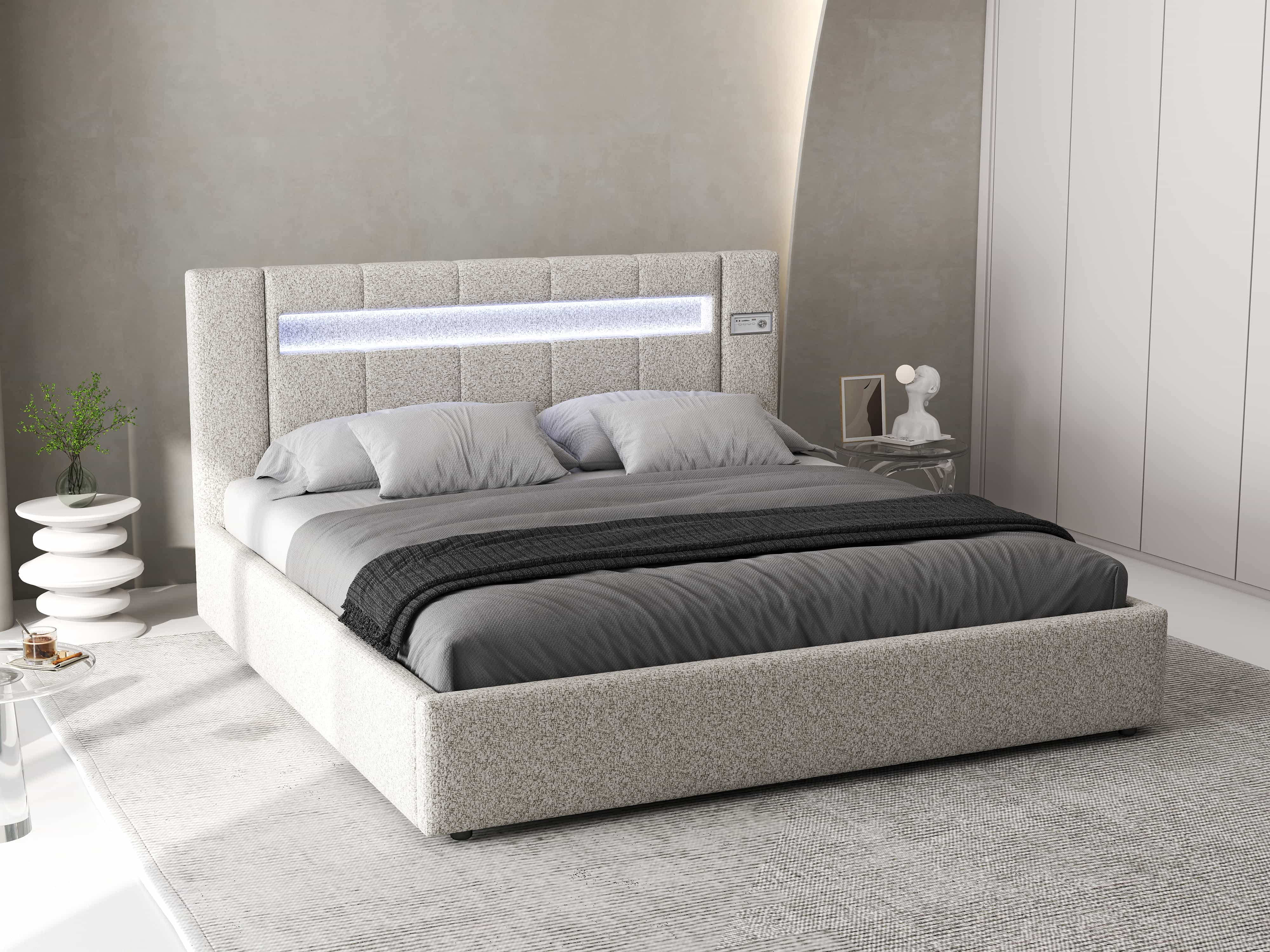 Pat dormitor dumonde, tapitat bej, Glow 160x200 cm, somiera rabatabila inclusa, spatiu depozitare WLS