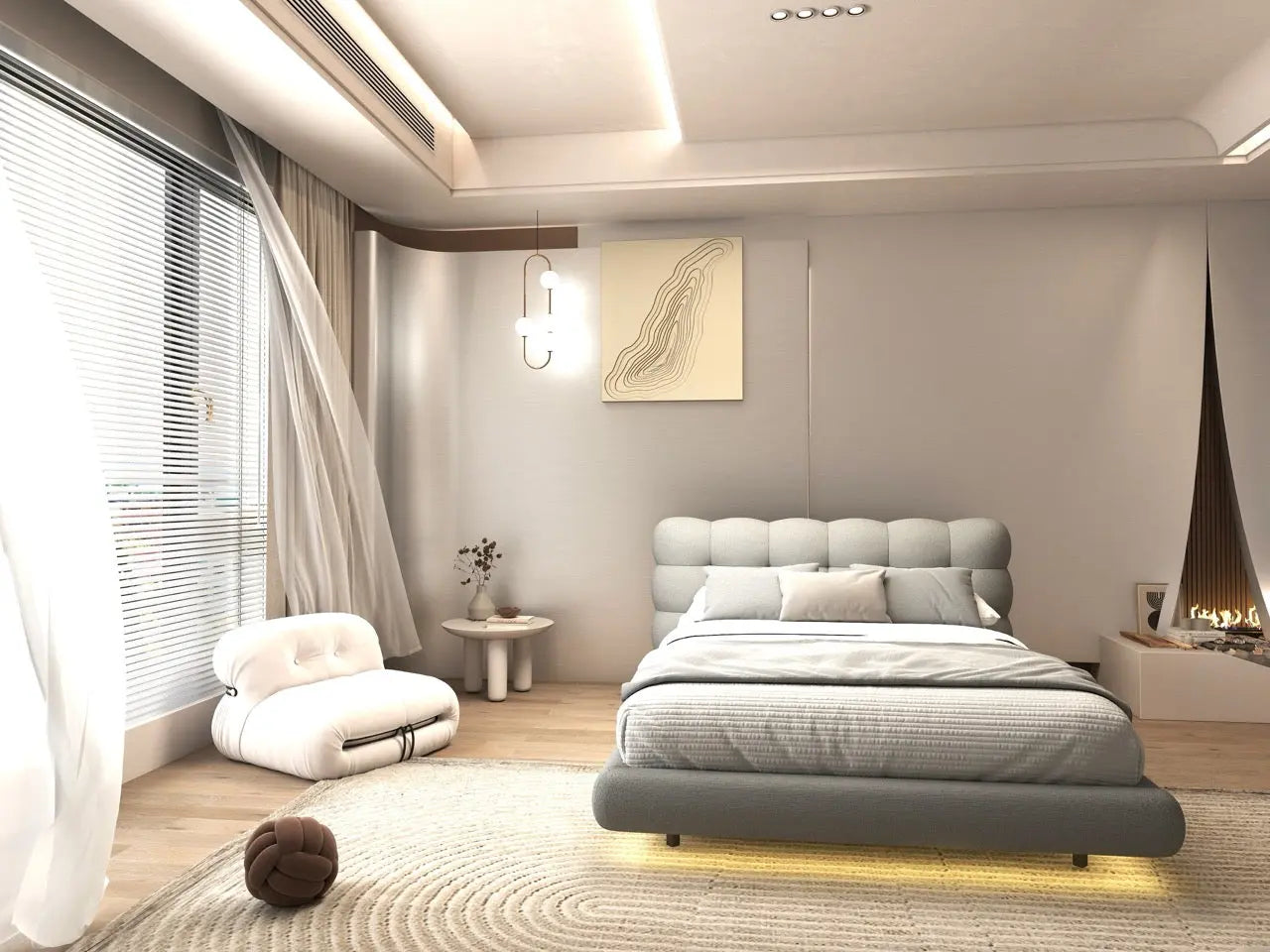 Pat dormitor dumonde, tapitat gri cu LED, "floating bed" Cloud 180x200 cm, somiera inclusa WLS