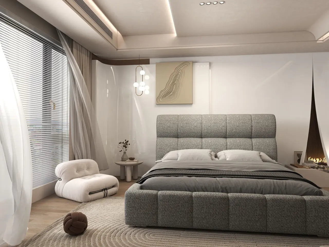 Pat dormitor dumonde, tapitat bej, Prestige 180x200 cm, somiera rabatabila inclusa, spatiu depozitare WLS