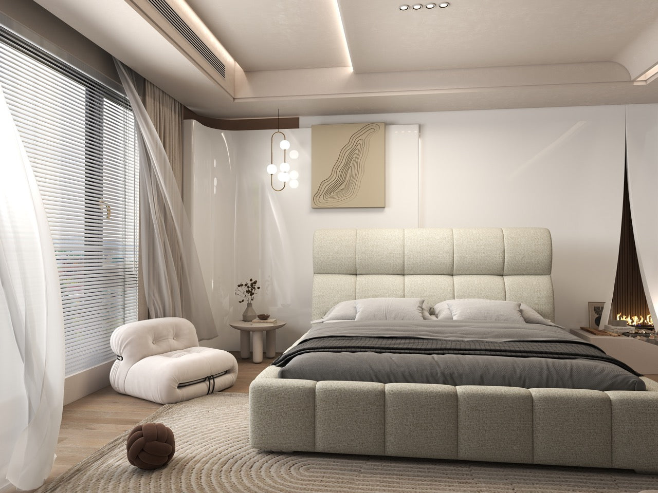 Pat dormitor dumonde, tapitat bej, Prestige 180x200 cm, somiera rabatabila inclusa, spatiu depozitare