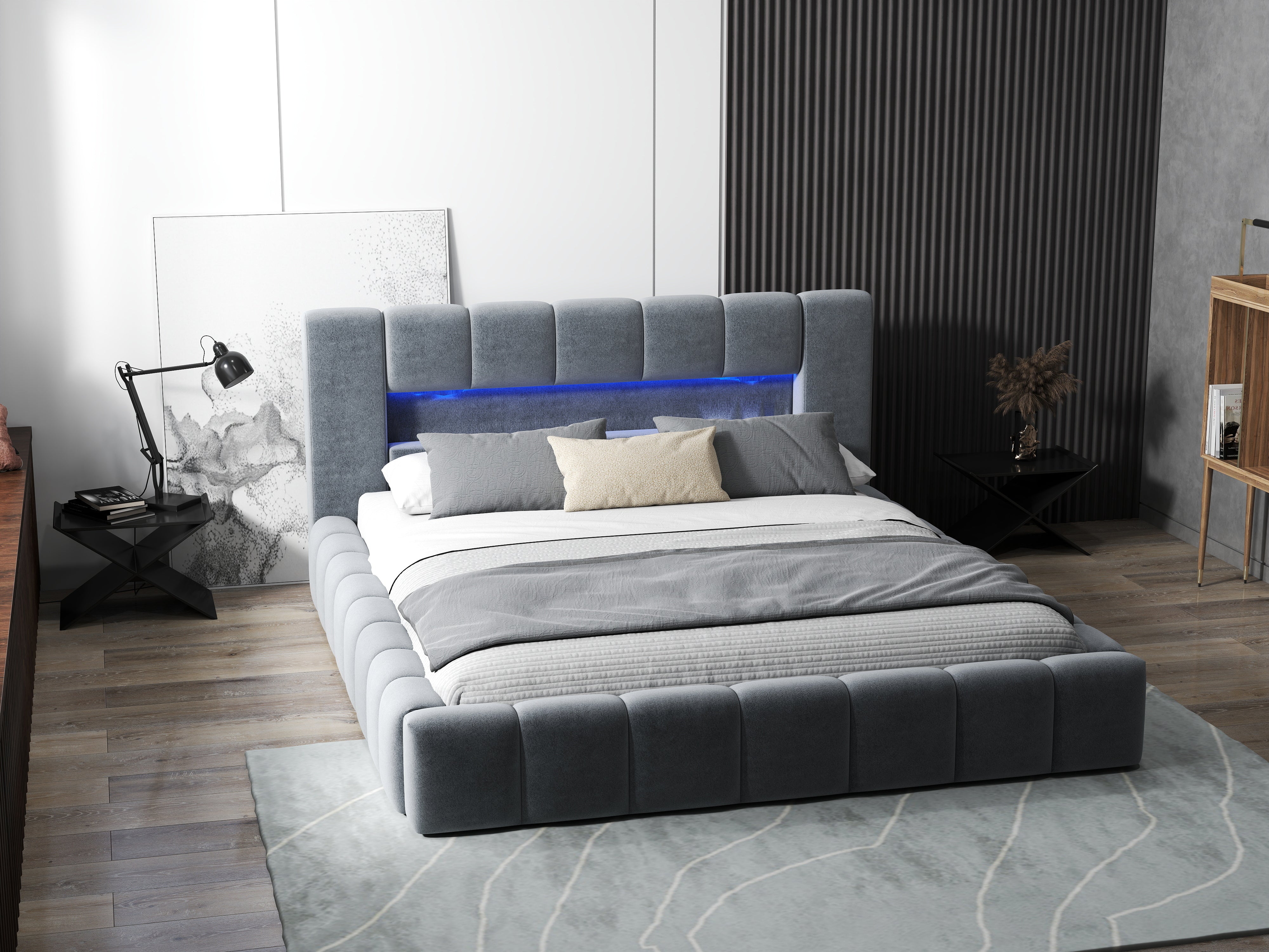 Pat dormitor dumonde, tapitat gri cu LED si USB, Palermo 140x200 cm, somiera rabatabila inclusa, spatiu depozitare WLS