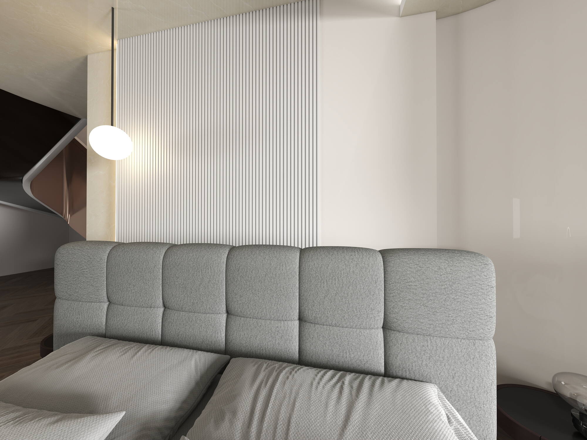 Pat dormitor dumonde, tapitat gri, Lorenzo 180X200 cm, somiera rabatabila inclusa, spatiu depozitare