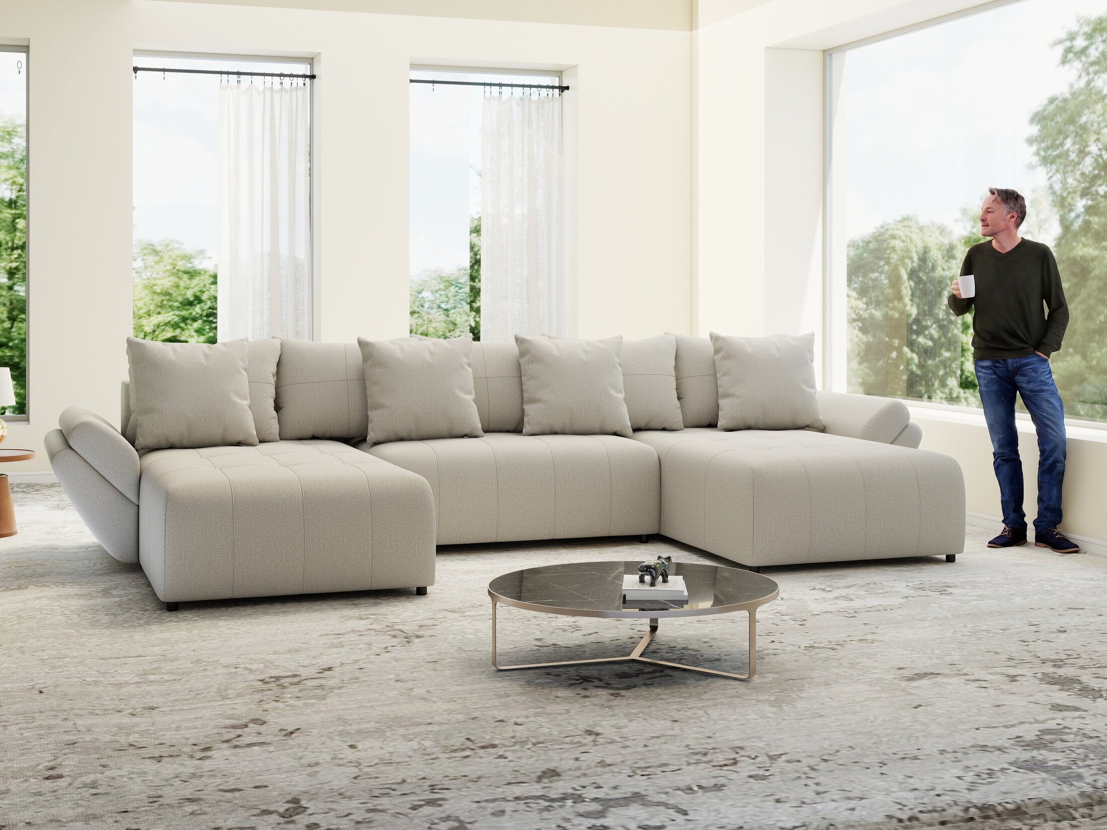 Colțar extensibil dumonde cu ladă de depozitare si sezut confortabil din spuma HR, Berlin U Enjoy Bej 380x180 cm