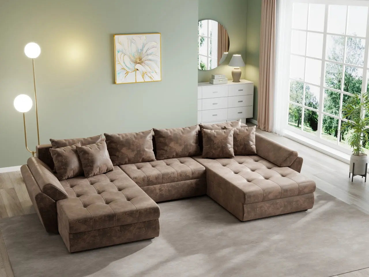 Colțar extensibil dumonde cu ladă de depozitare si sezut confortabil din spuma HR, Loana U Brown 355x185 cm Fabrica