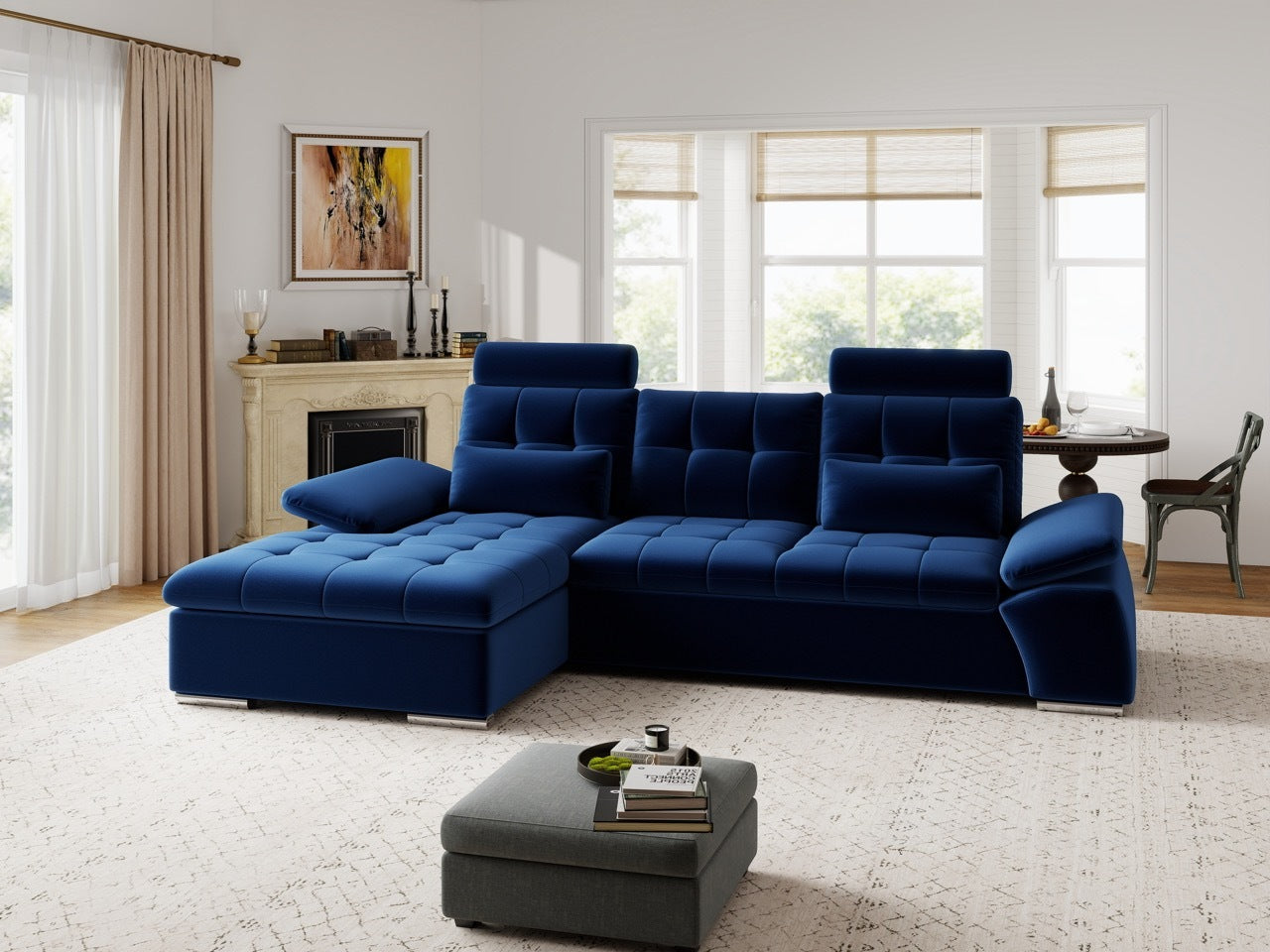 Colțar extensibil dumonde cu ladă de depozitare și șezut confortabil din spumă HR, Merkur Royal Albastru Navy 270x168 cm