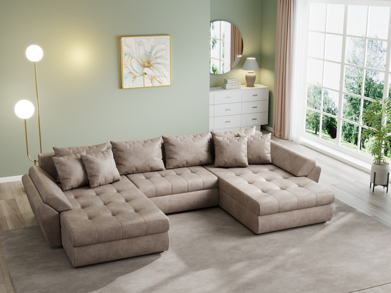 Colțar extensibil dumonde cu ladă de depozitare si sezut confortabil din spuma HR, Loana U Tobago Brown 355x185 cm